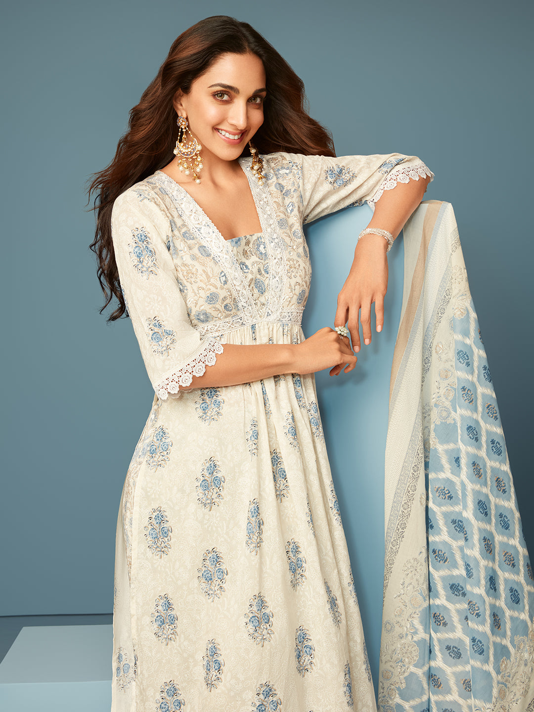 Falak White Printed Cotton A-Line Kurta With Salwar & Dupatta