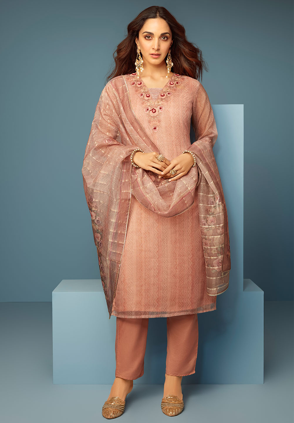 Pink Printed Organza Straight Suit With Dupatta