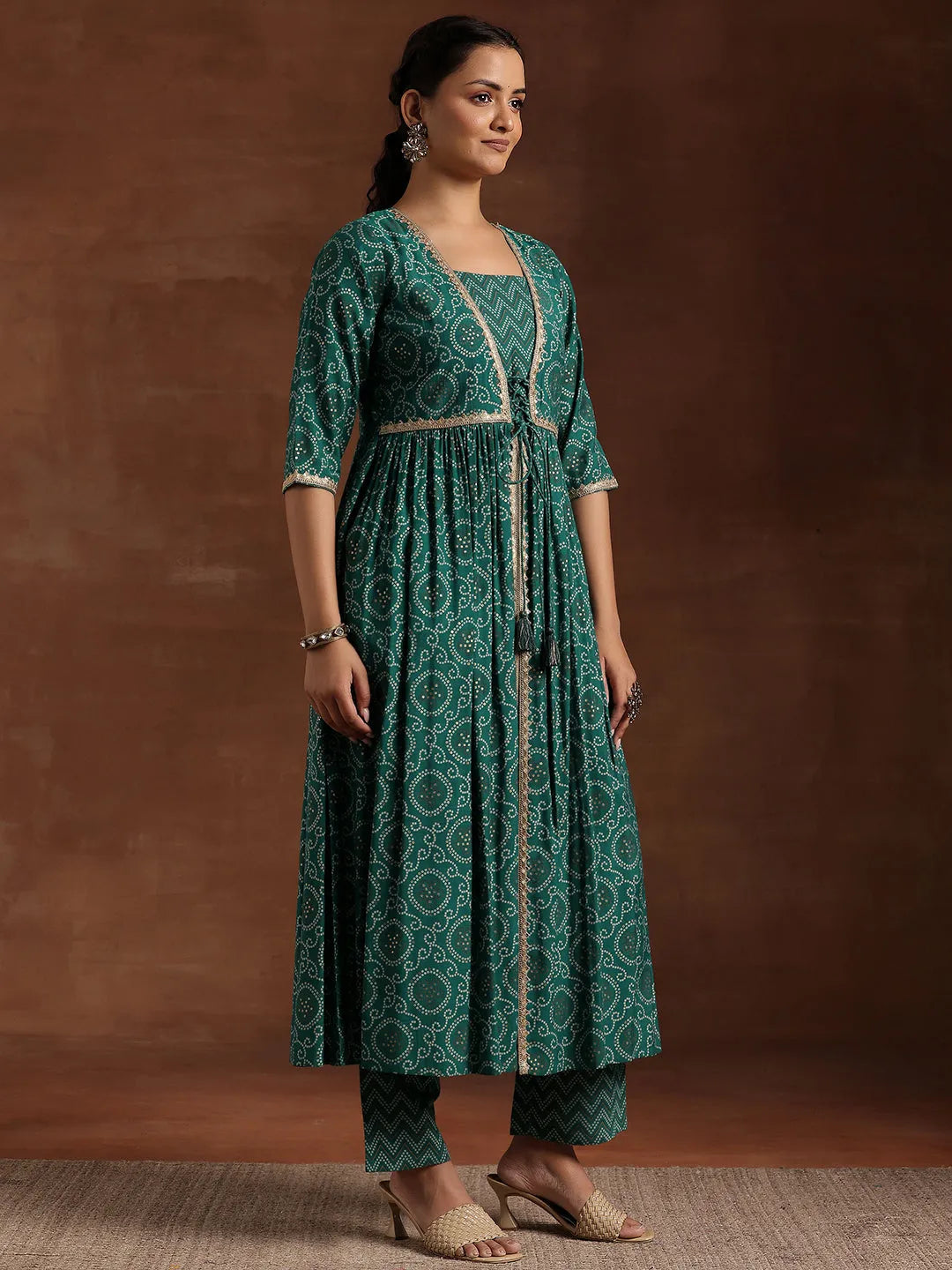 Rama Green Printed Silk Blend A-Line Kurta With Trousers & Dupatta