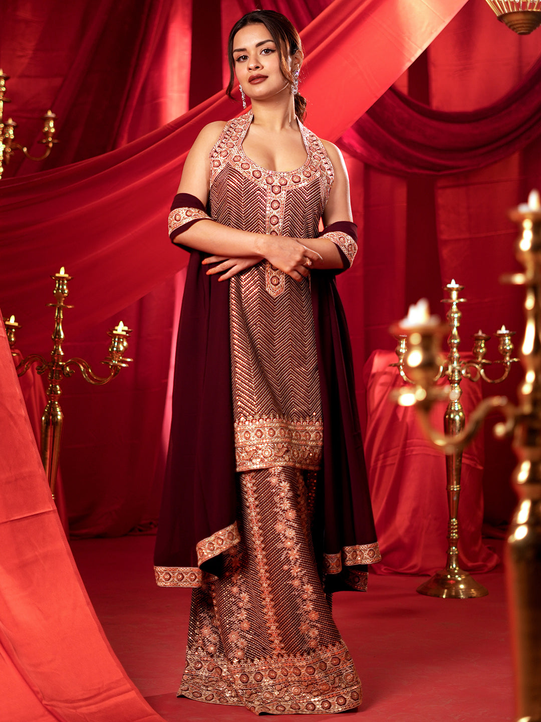 Zarina Libas Libas Art Wine Embroidered Georgette Straight Suit With Dupatta