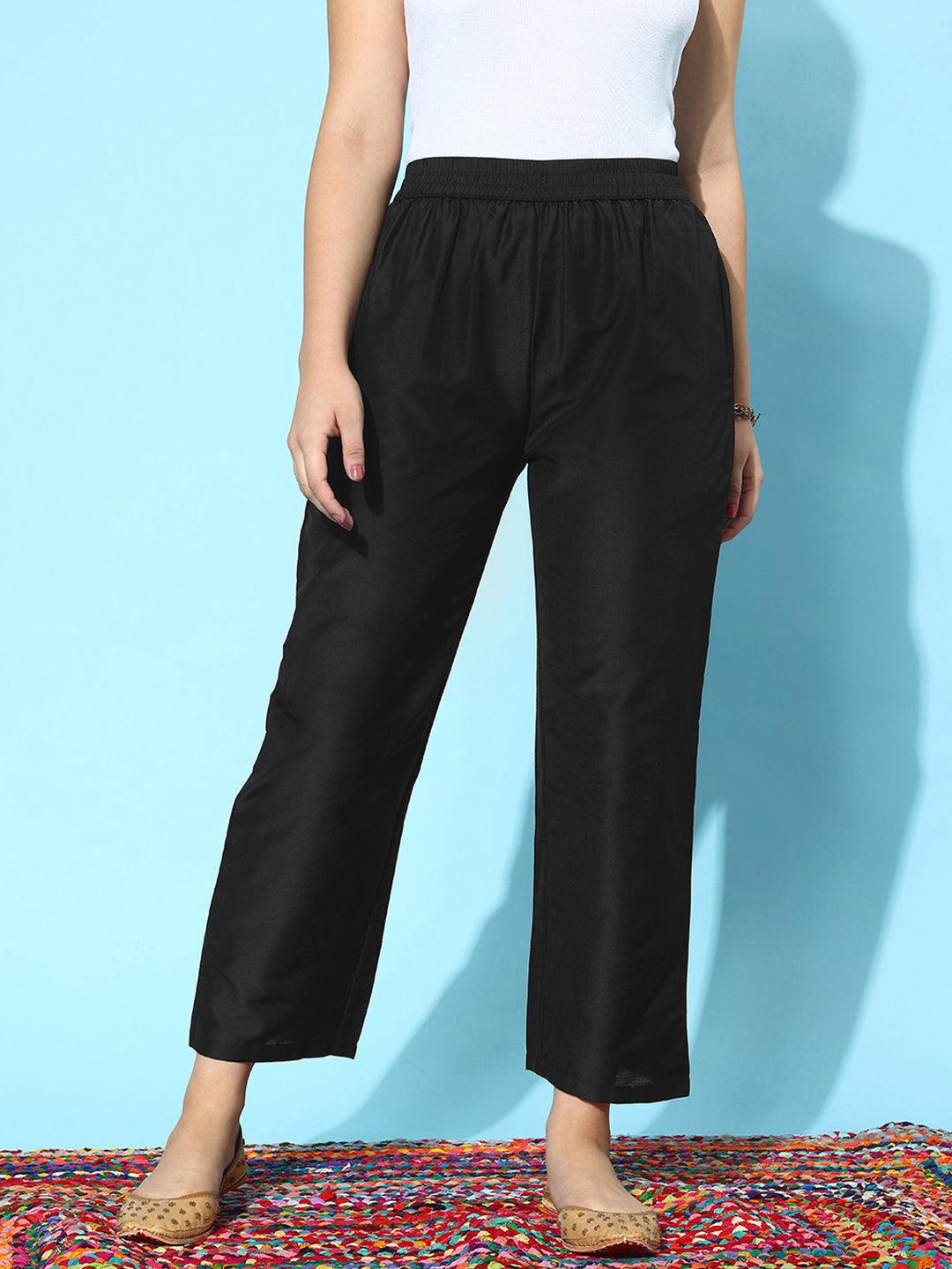 Black Solid Silk Trousers