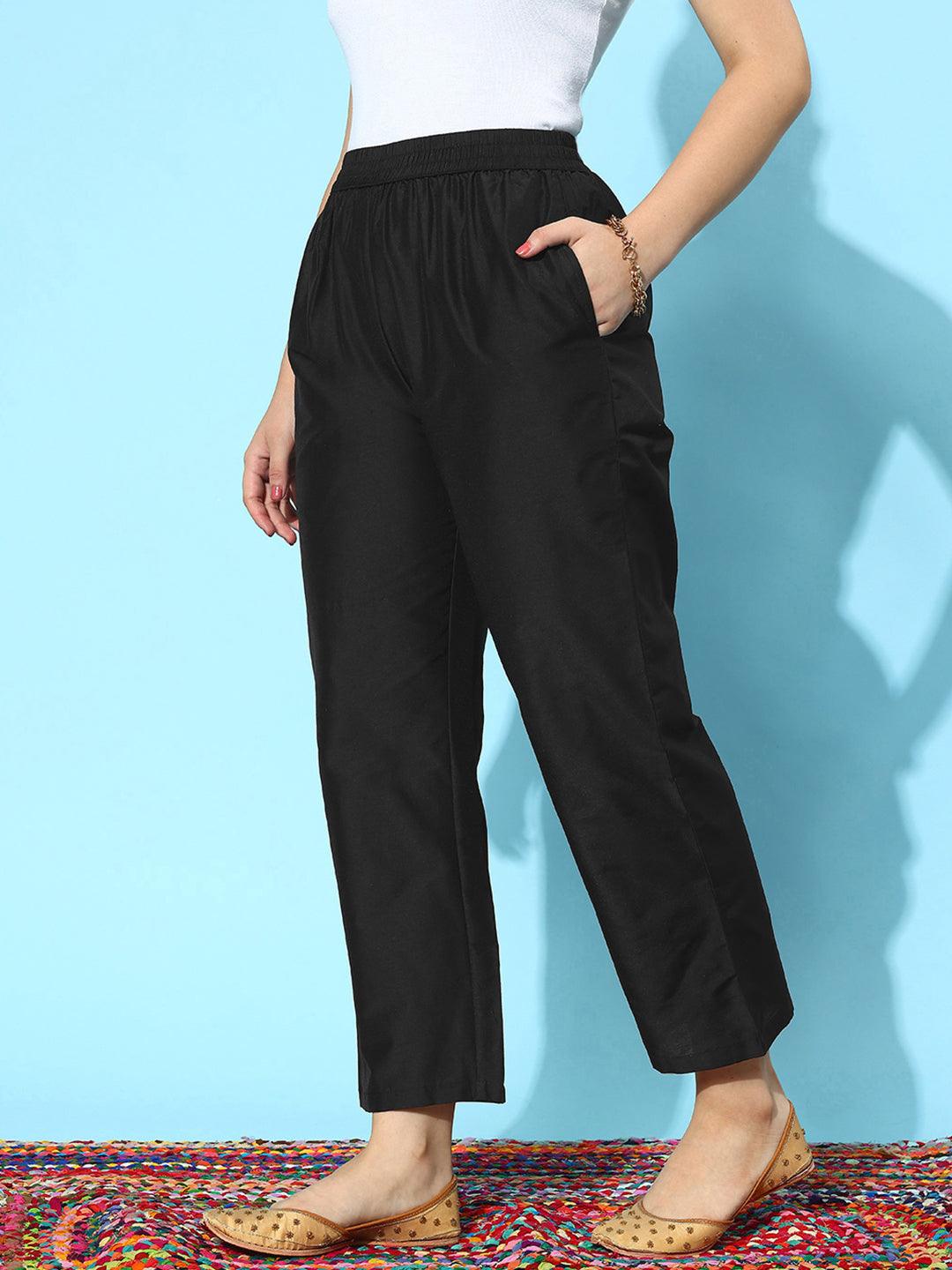 Black Solid Silk Trousers