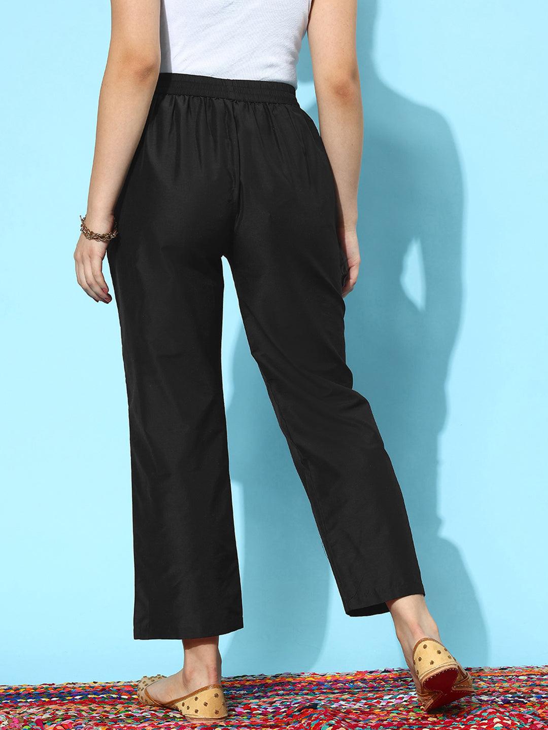 Black Solid Silk Trousers