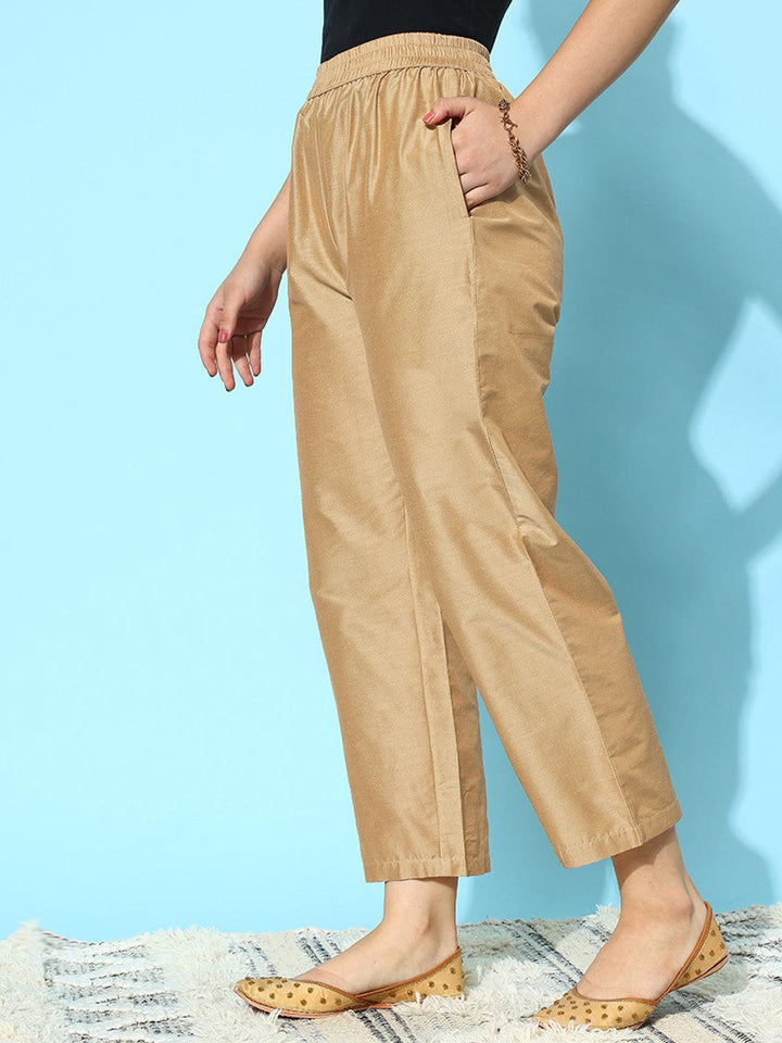 Gold Solid Silk Trousers - ShopLibas