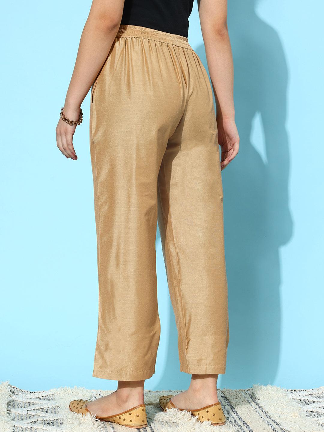 Gold Solid Silk Trousers - ShopLibas