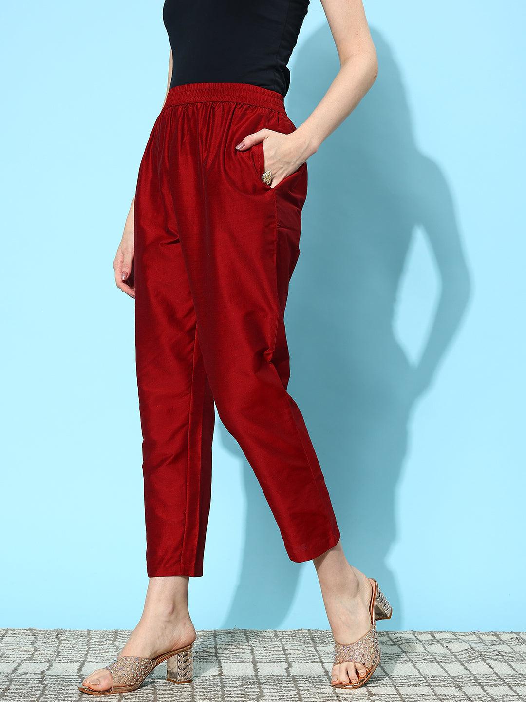 Maroon Solid Silk Trousers