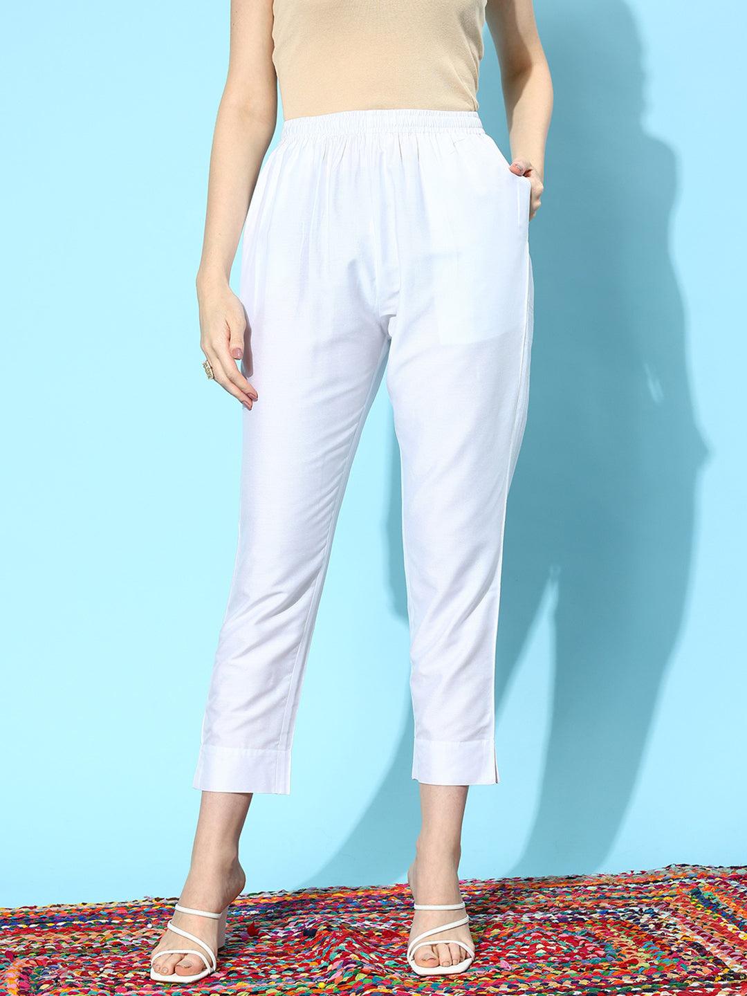 White Solid Silk Trousers - ShopLibas