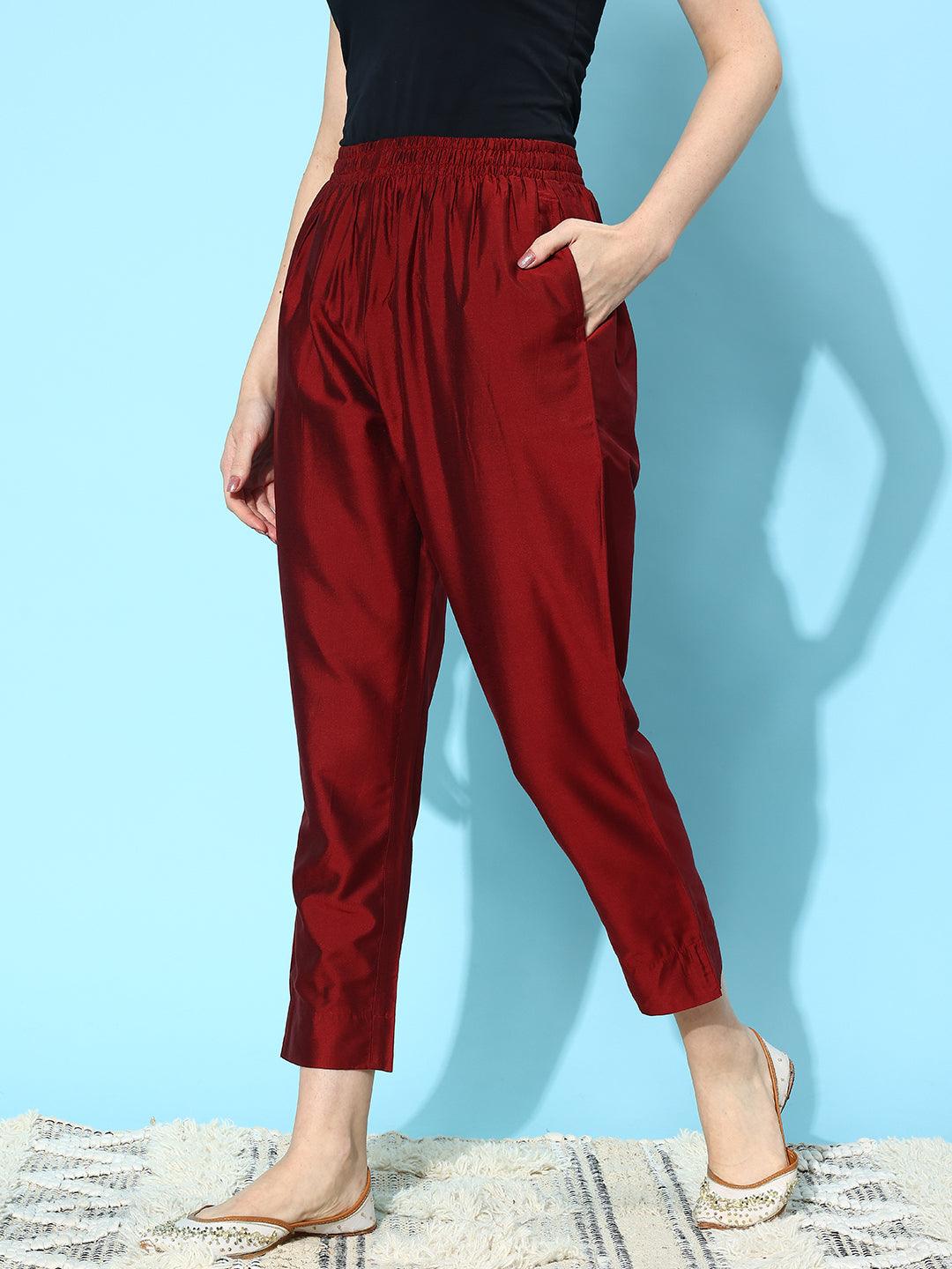 Maroon Solid Silk Trousers