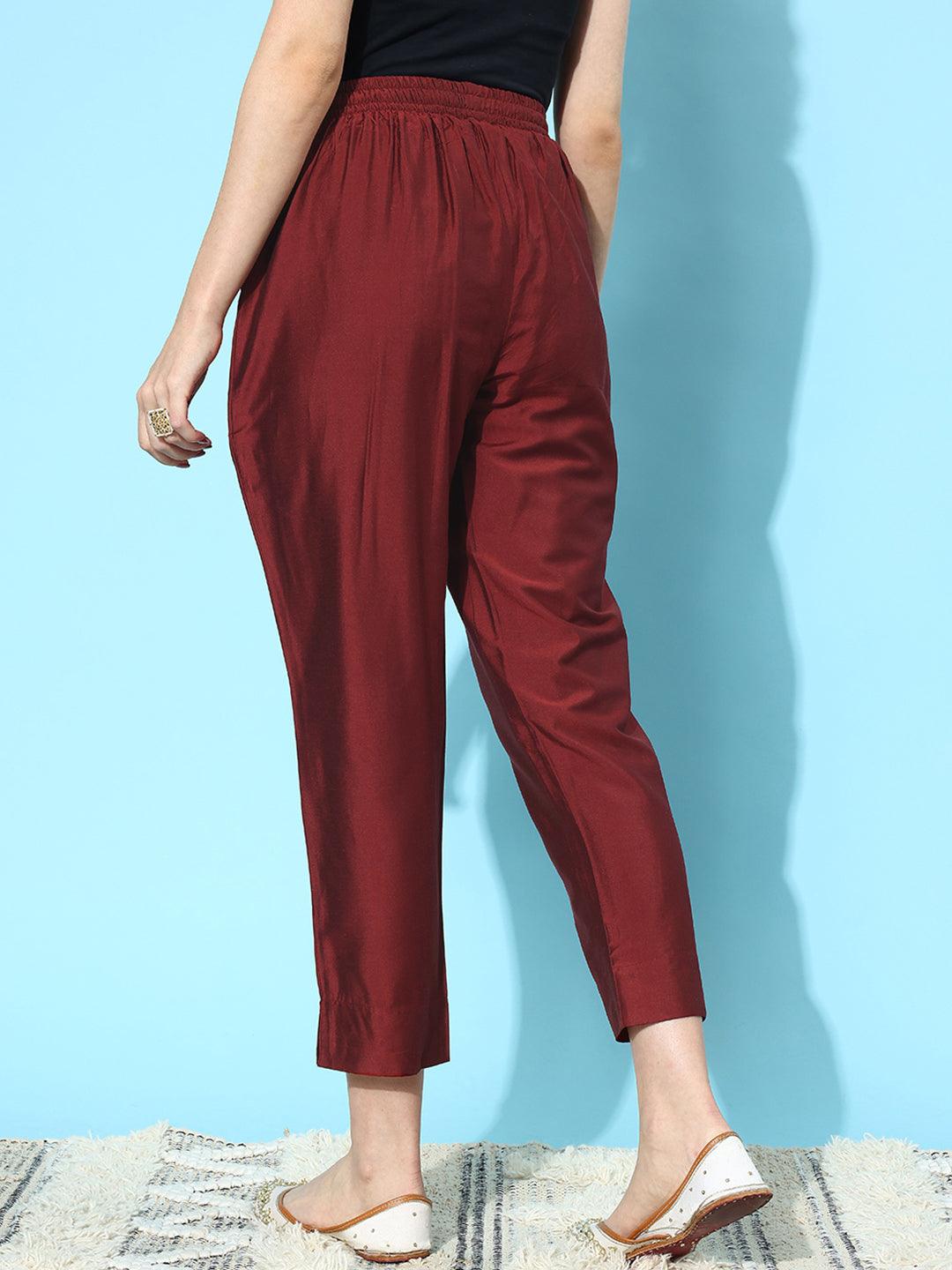 Maroon Solid Silk Trousers