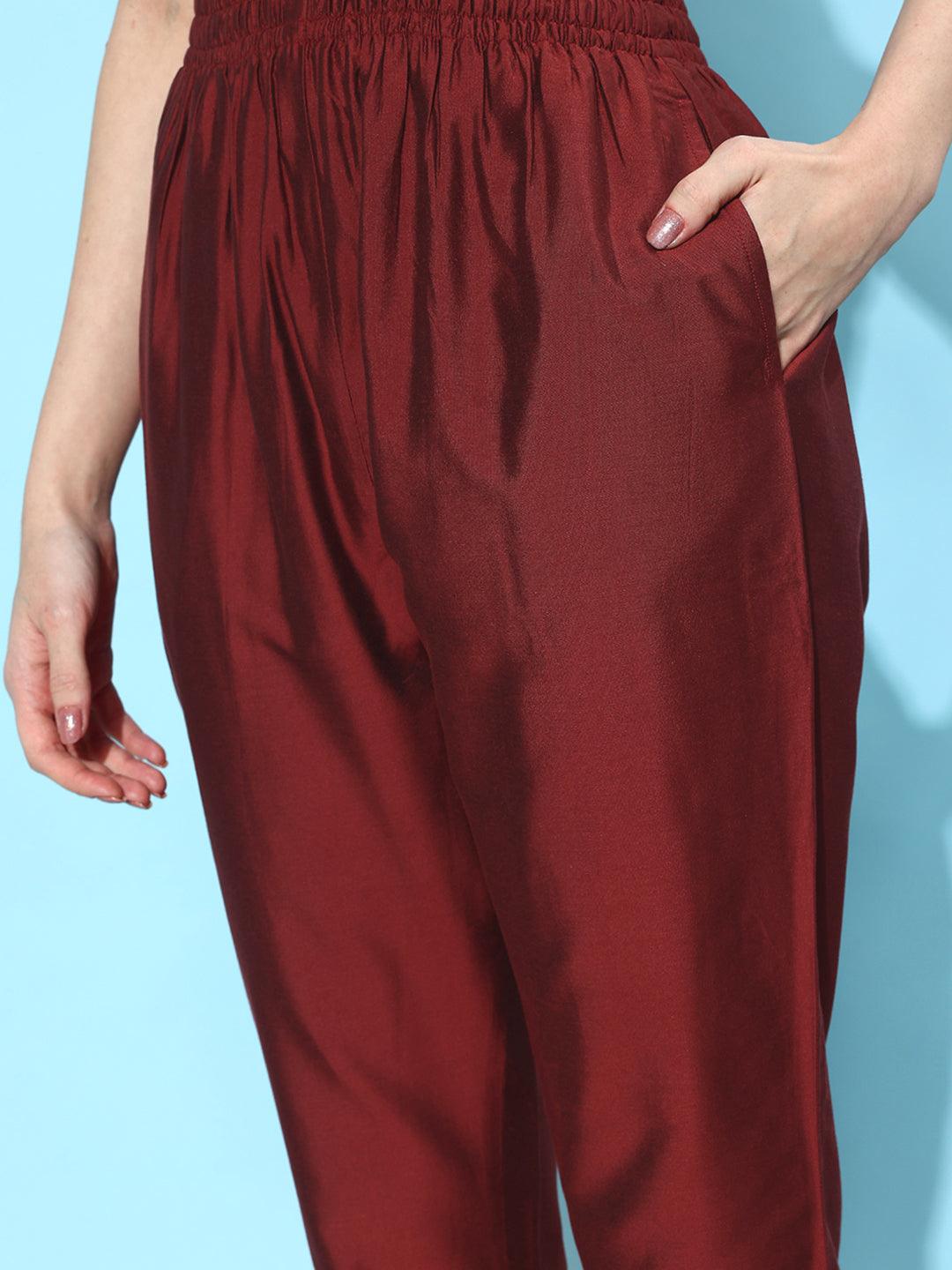 Maroon Solid Silk Trousers