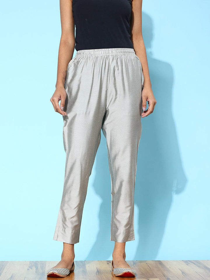 Grey Solid Silk Trousers - ShopLibas