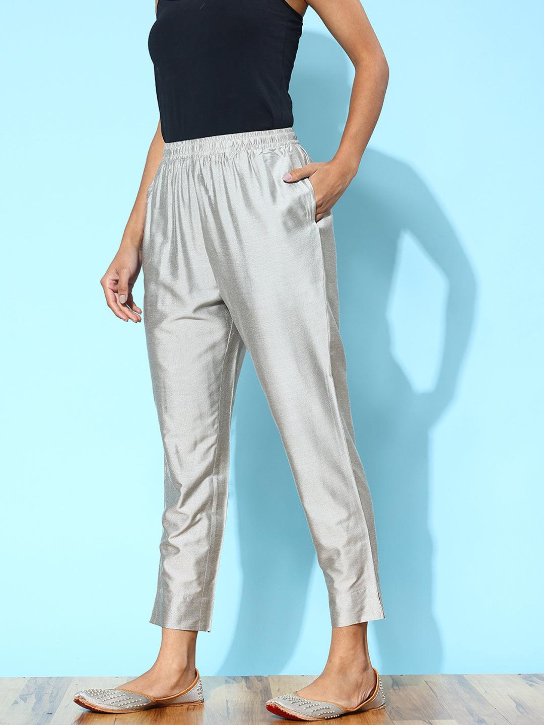 Grey Solid Silk Trousers