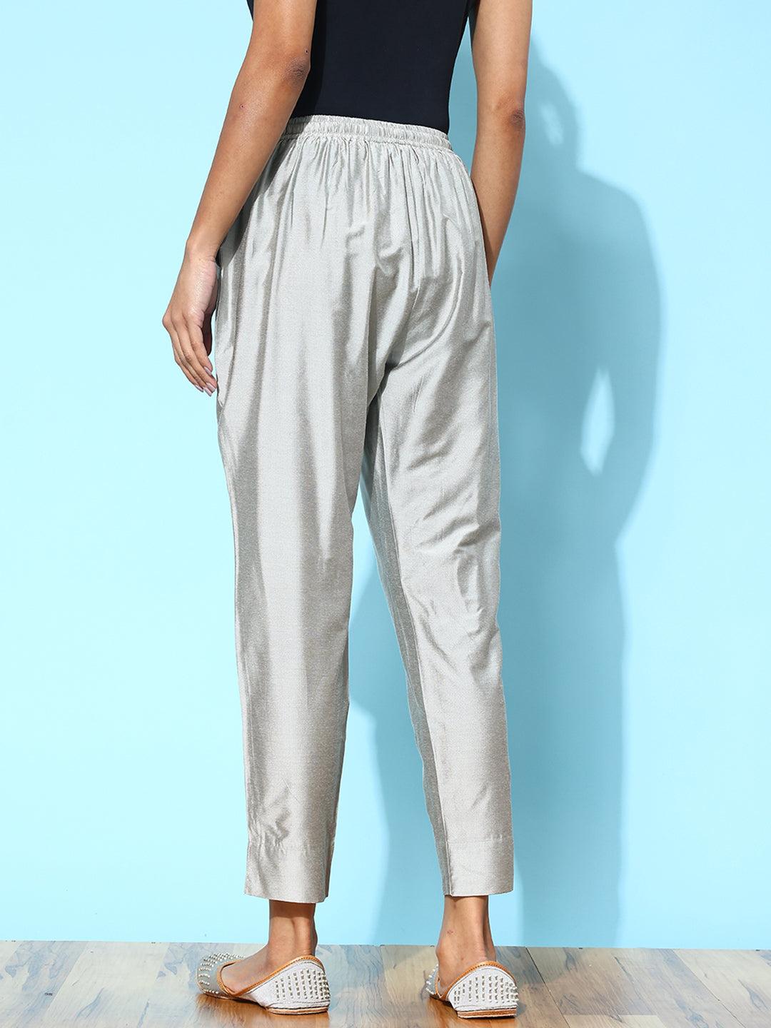 Grey Solid Silk Trousers