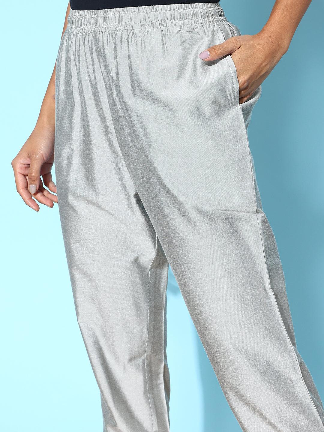 Grey Solid Silk Trousers