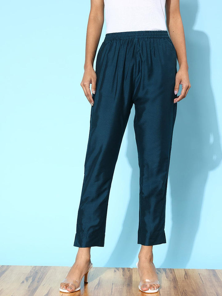 Blue Solid Silk Trousers - ShopLibas