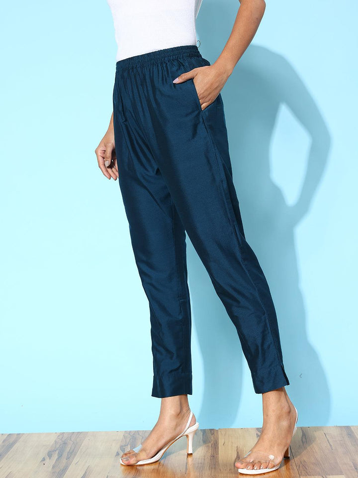 Blue Solid Silk Trousers - ShopLibas