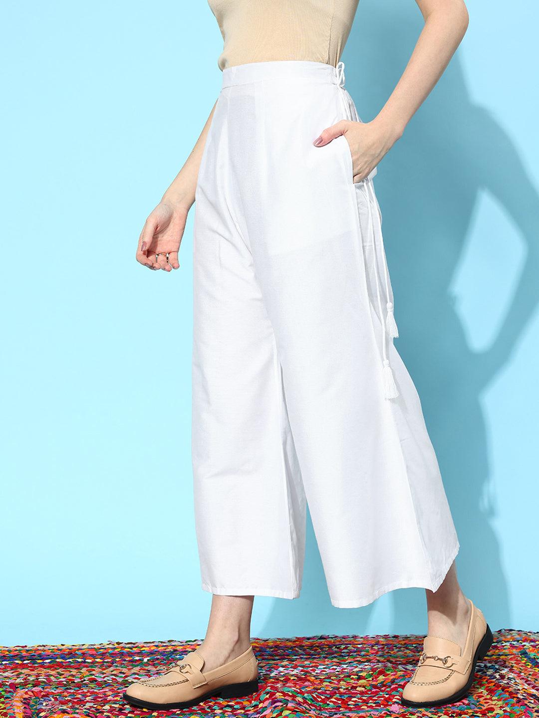 White Solid Silk Palazzos