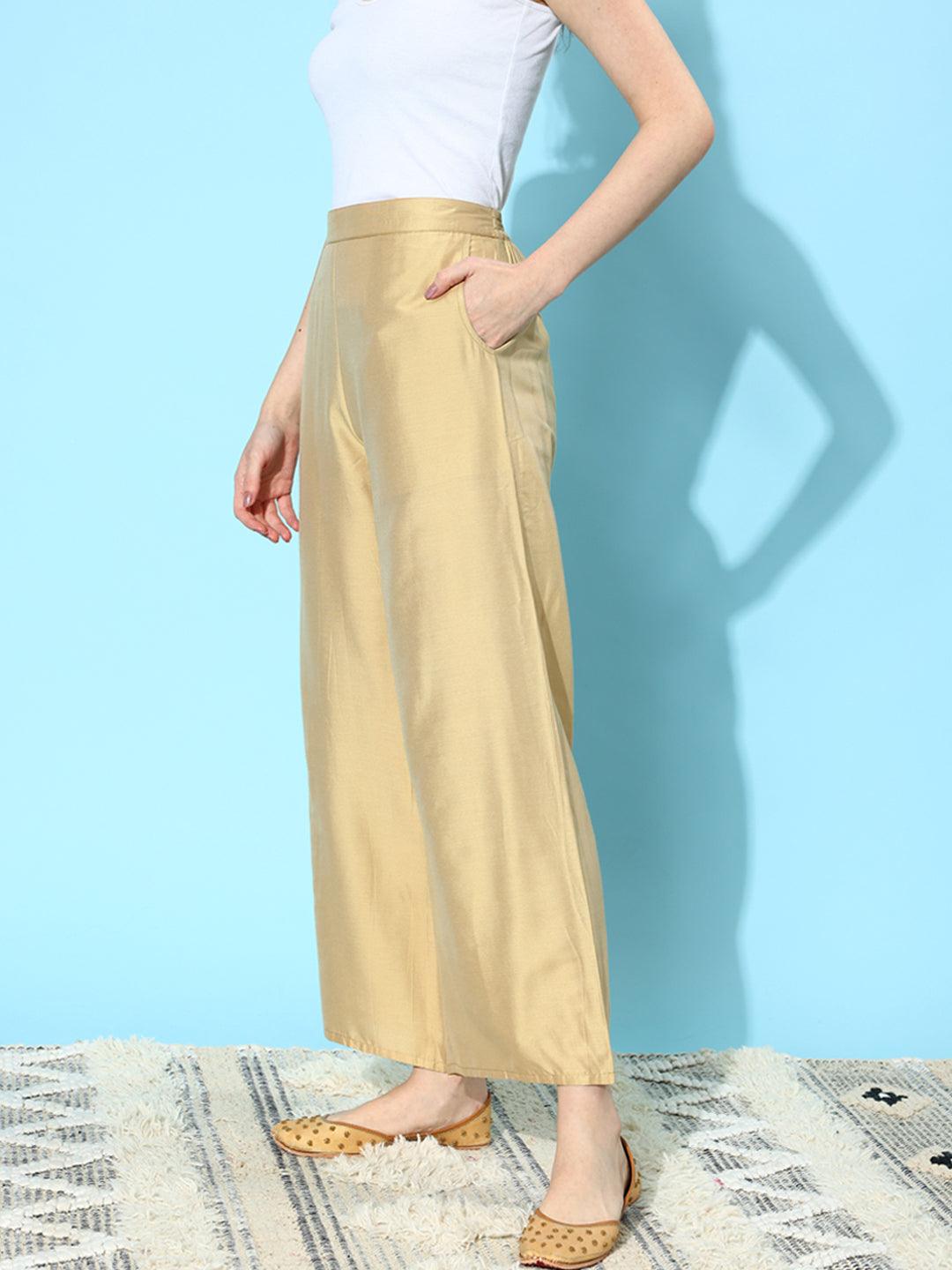 Beige Solid Silk Palazzos