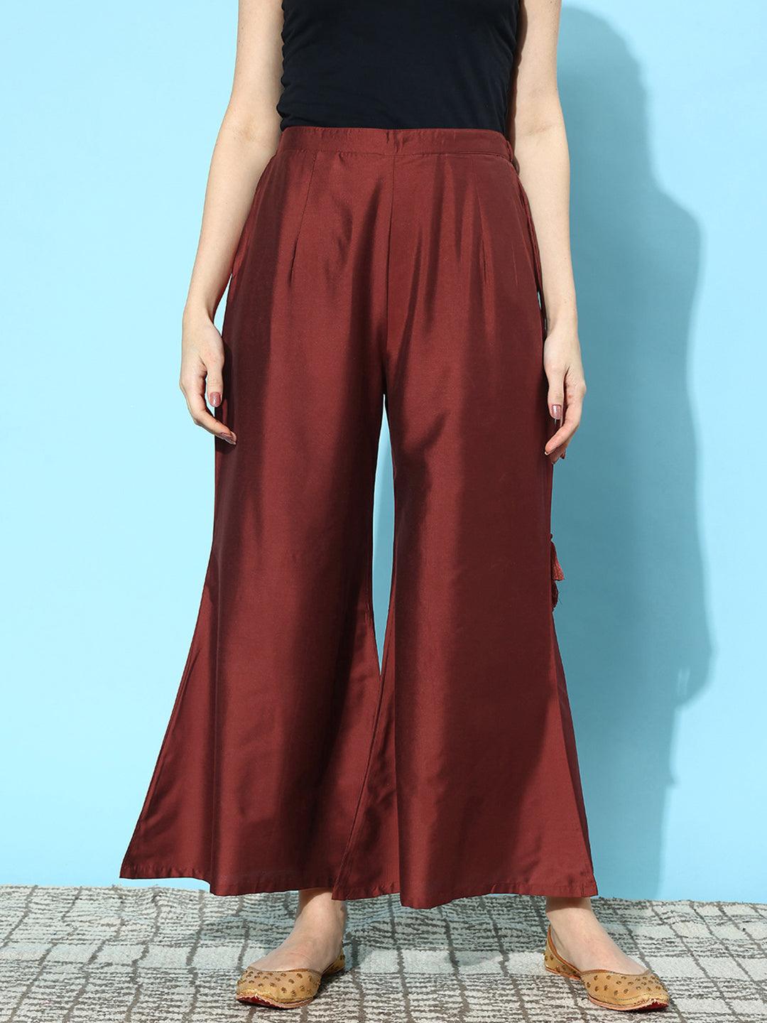 Maroon Solid Silk Palazzos - ShopLibas