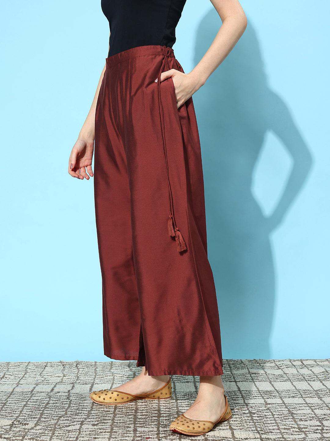 Maroon Solid Silk Palazzos