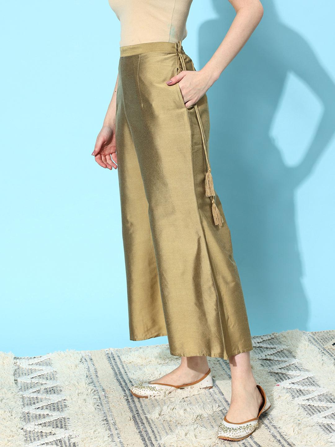 Gold Solid Silk Palazzos - ShopLibas