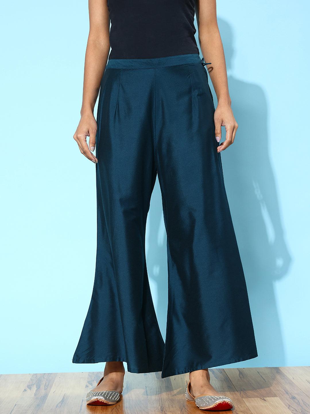 Blue Solid Silk Palazzos - ShopLibas