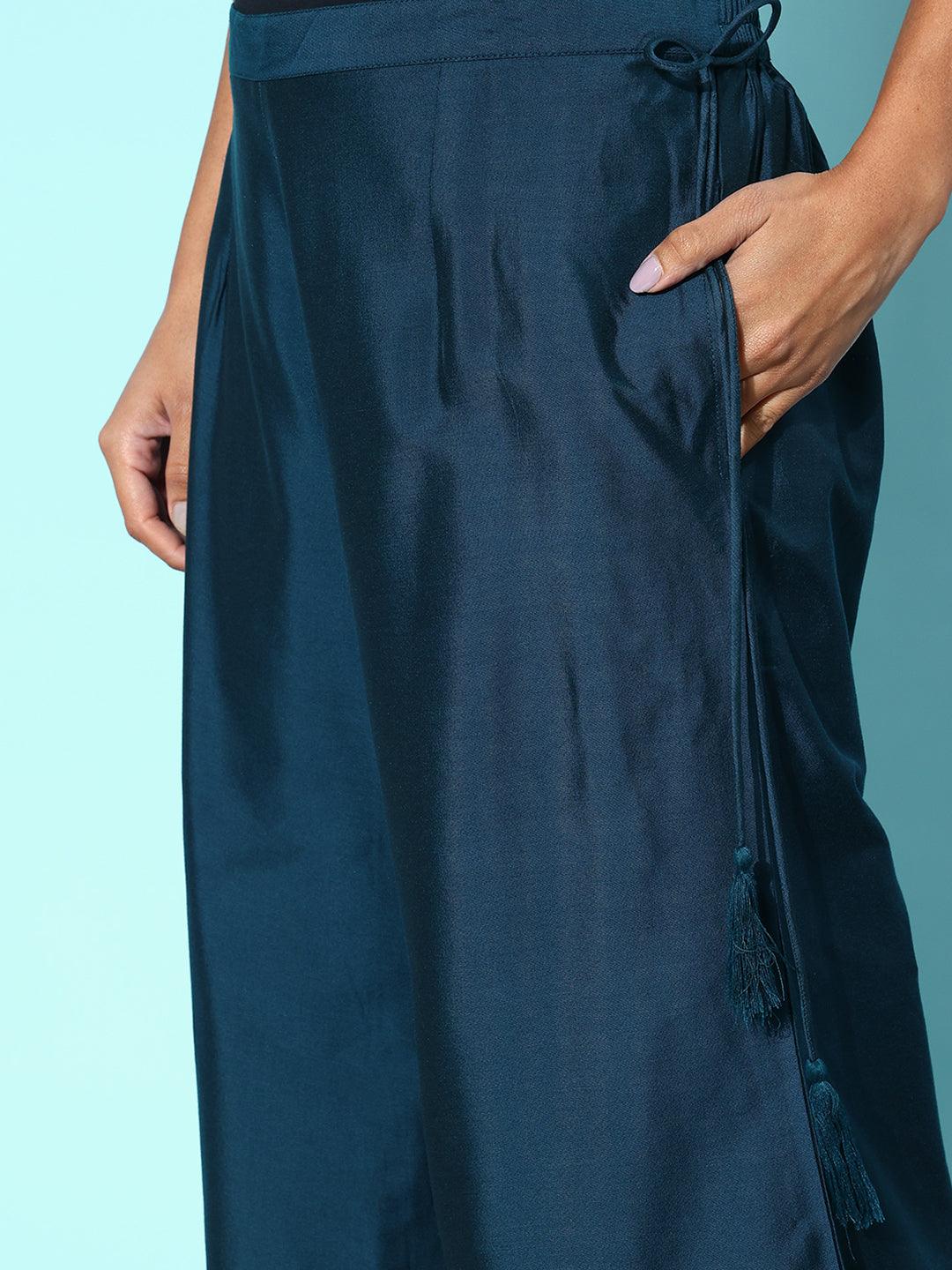 Blue Solid Silk Palazzos - ShopLibas