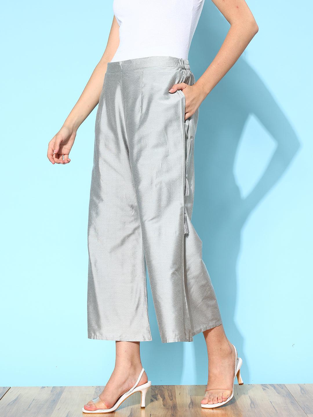 Grey Solid Silk Palazzos