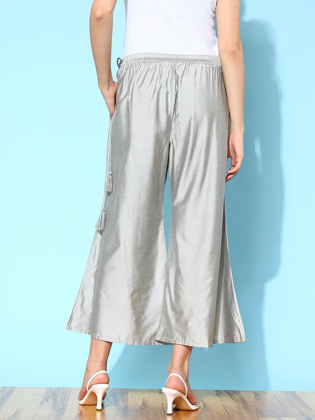 Grey Solid Silk Palazzos