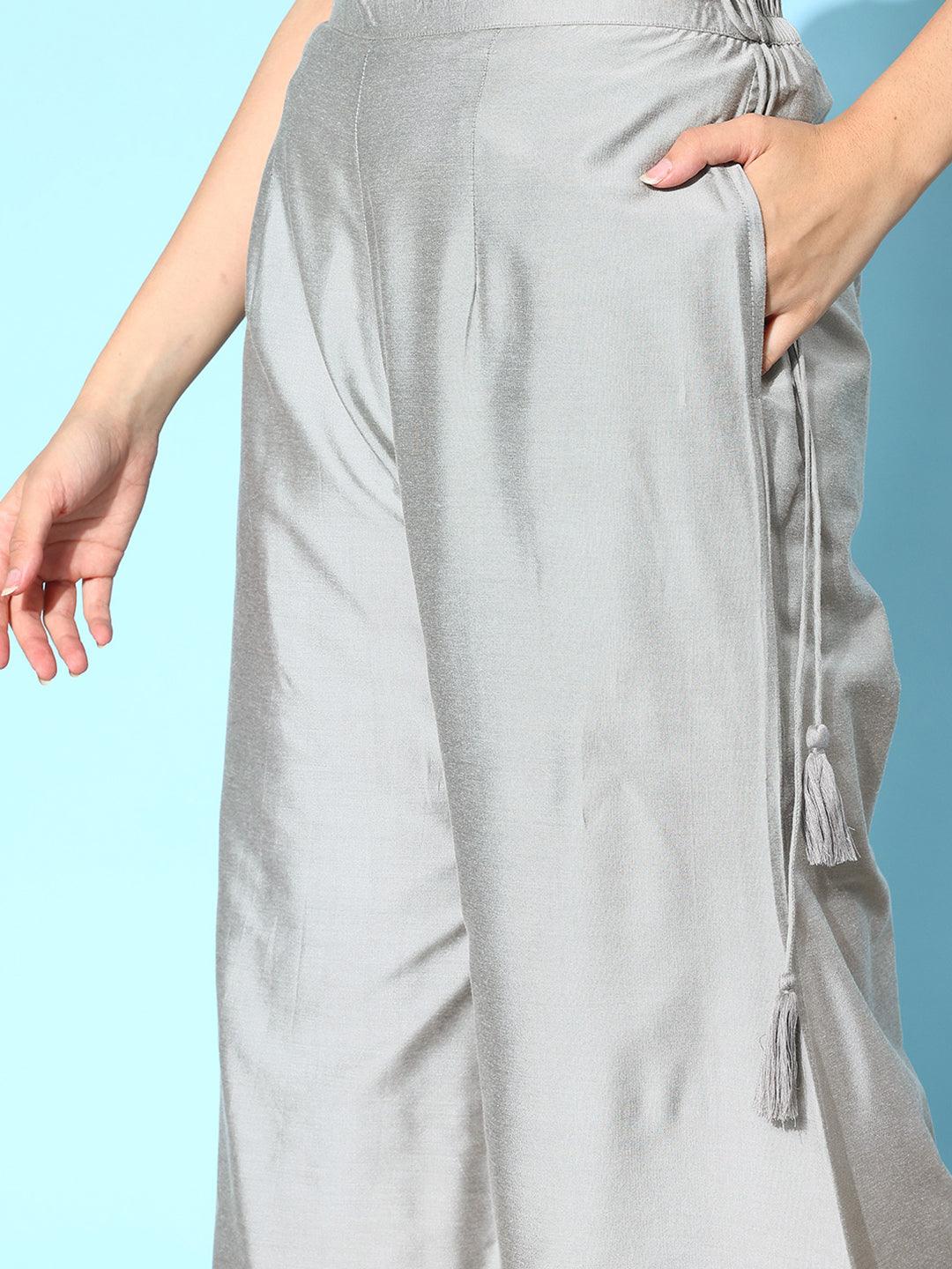 Grey Solid Silk Palazzos - ShopLibas