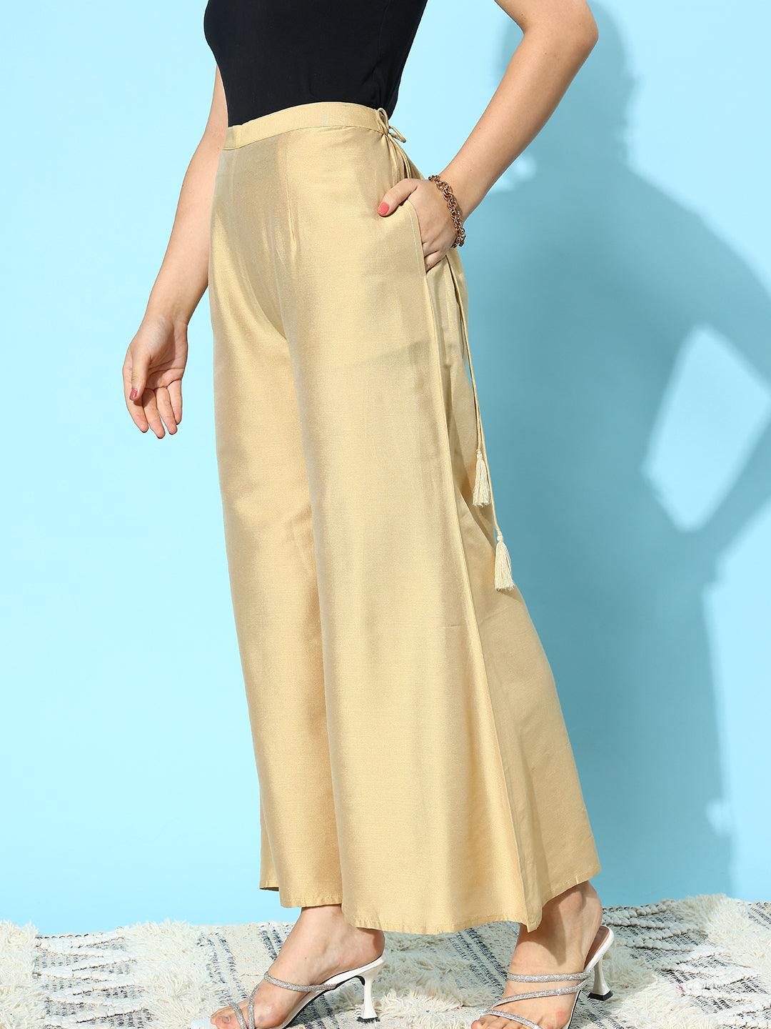 Beige Solid Silk Palazzos