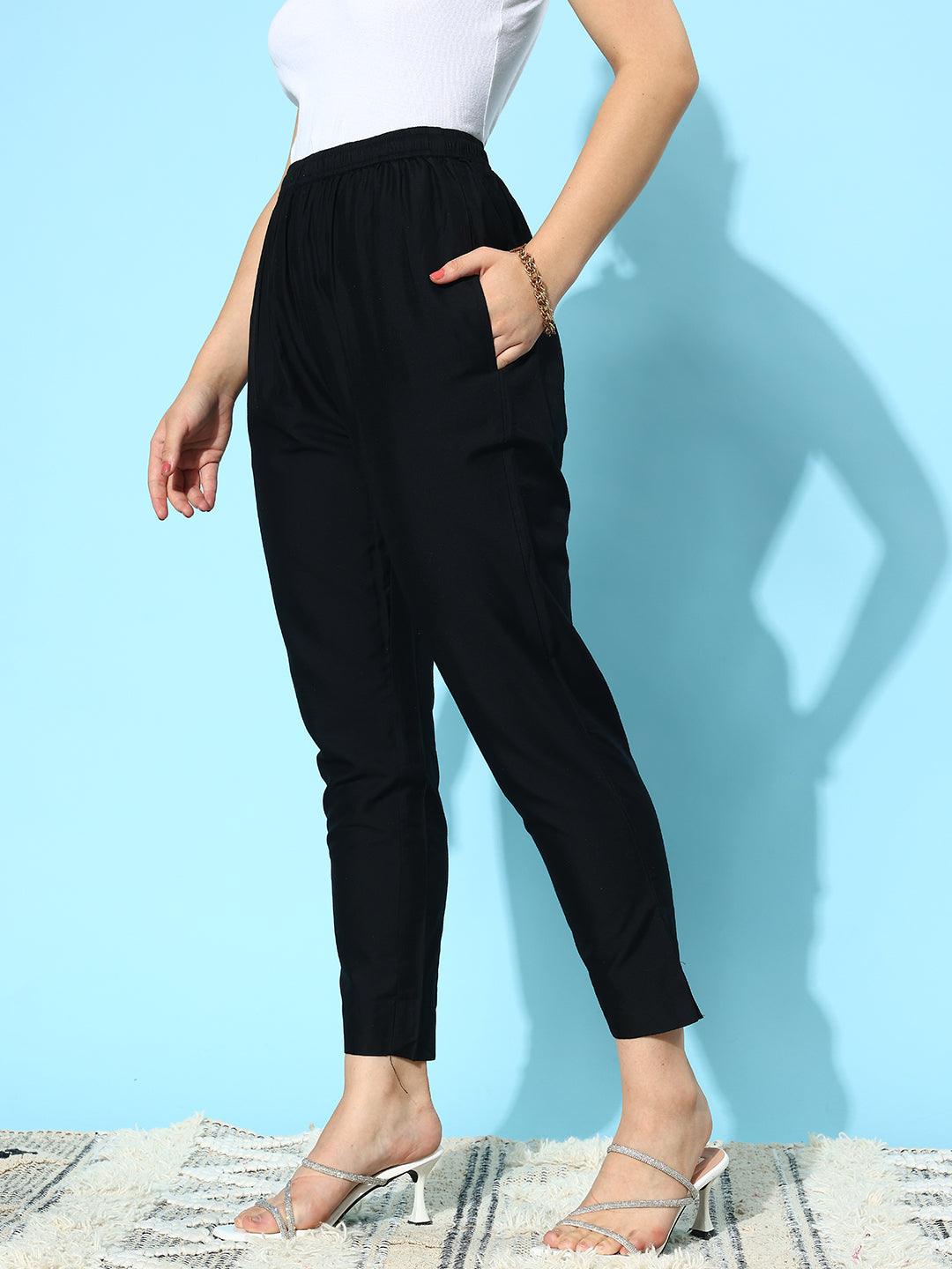 Black Solid Silk Trousers