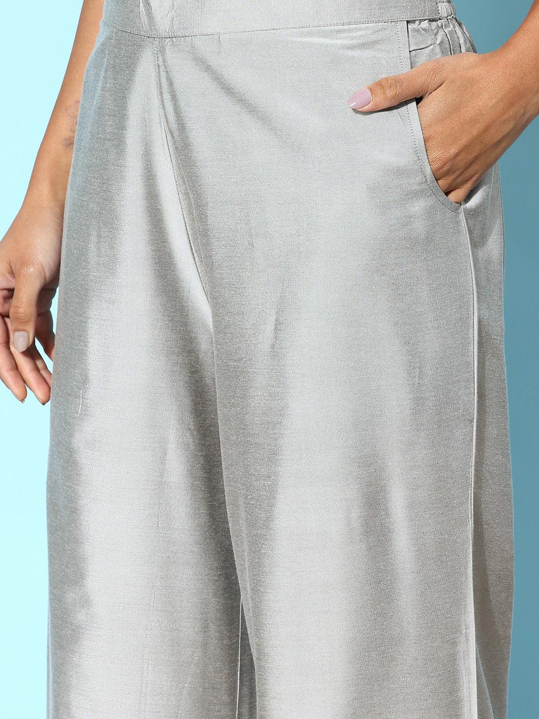 Grey Solid Silk Palazzos