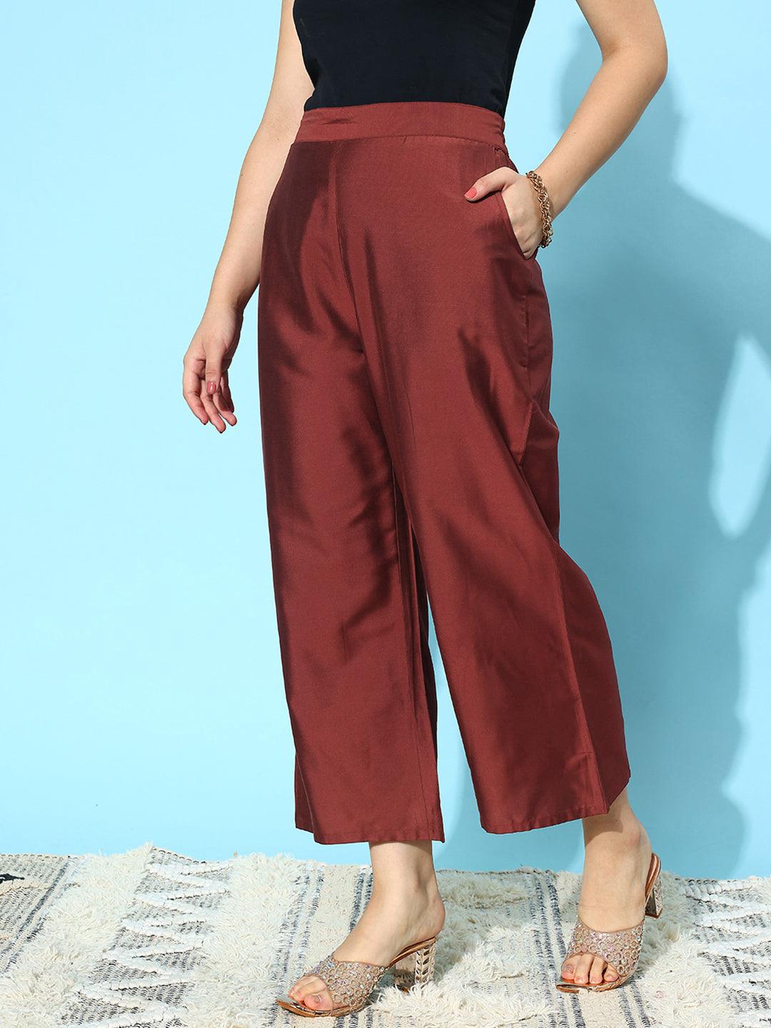 Maroon Solid Silk Palazzos