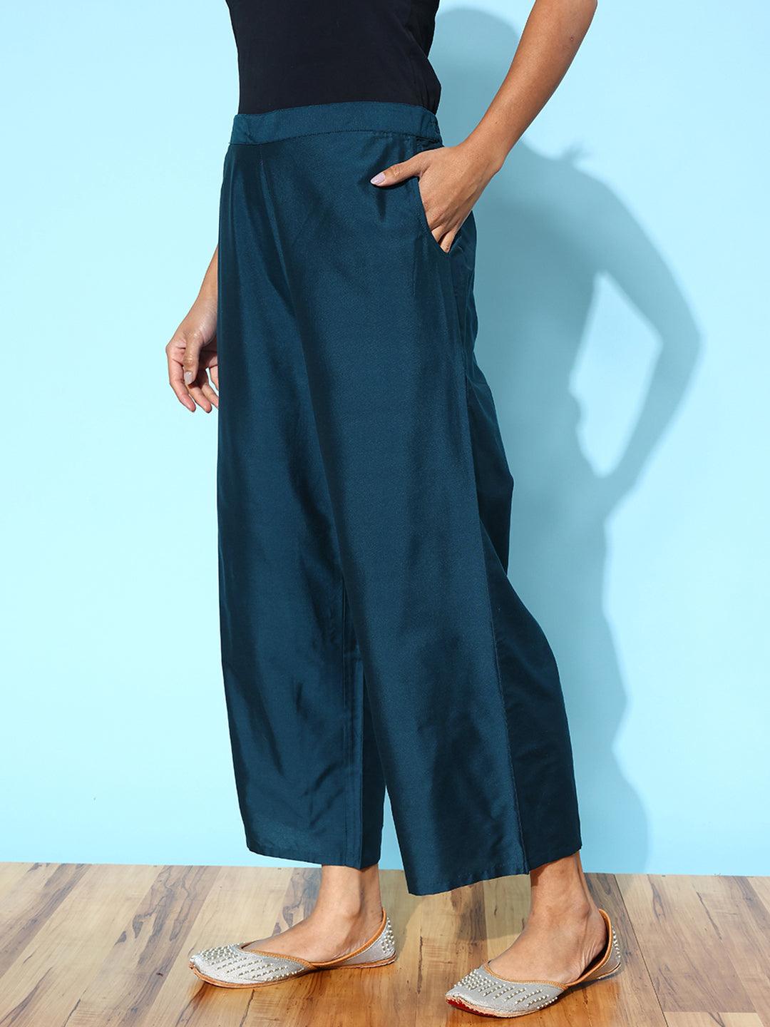 Blue Solid Silk Palazzos