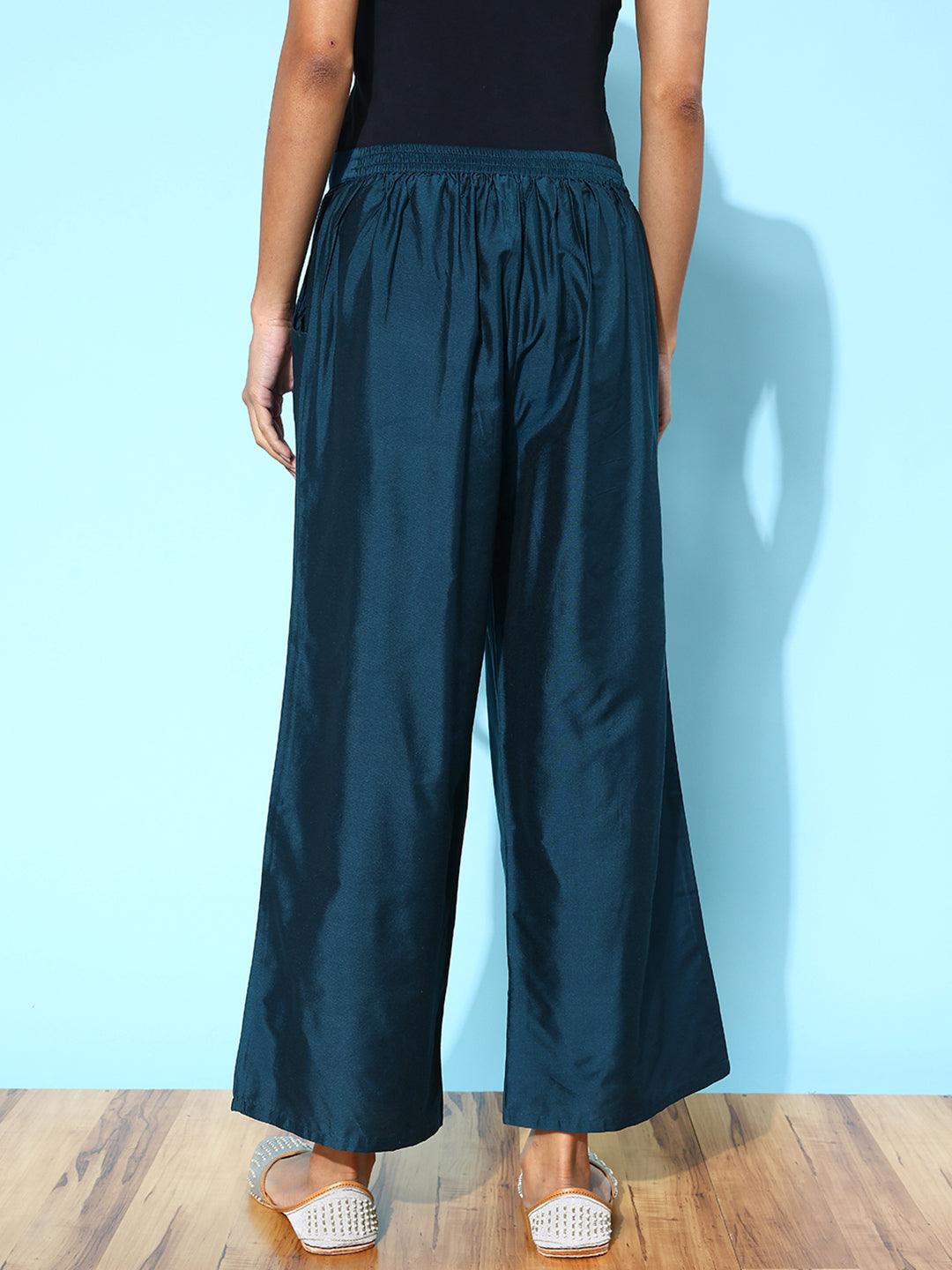 Blue Solid Silk Palazzos