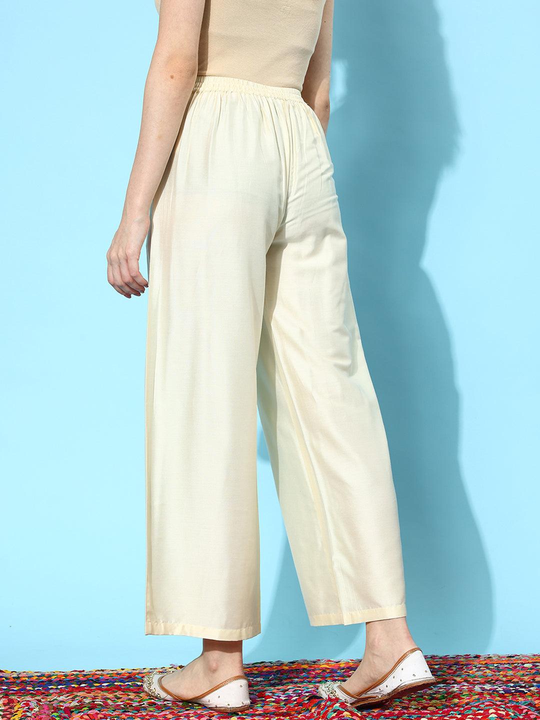 Off White Solid Silk Palazzos - ShopLibas