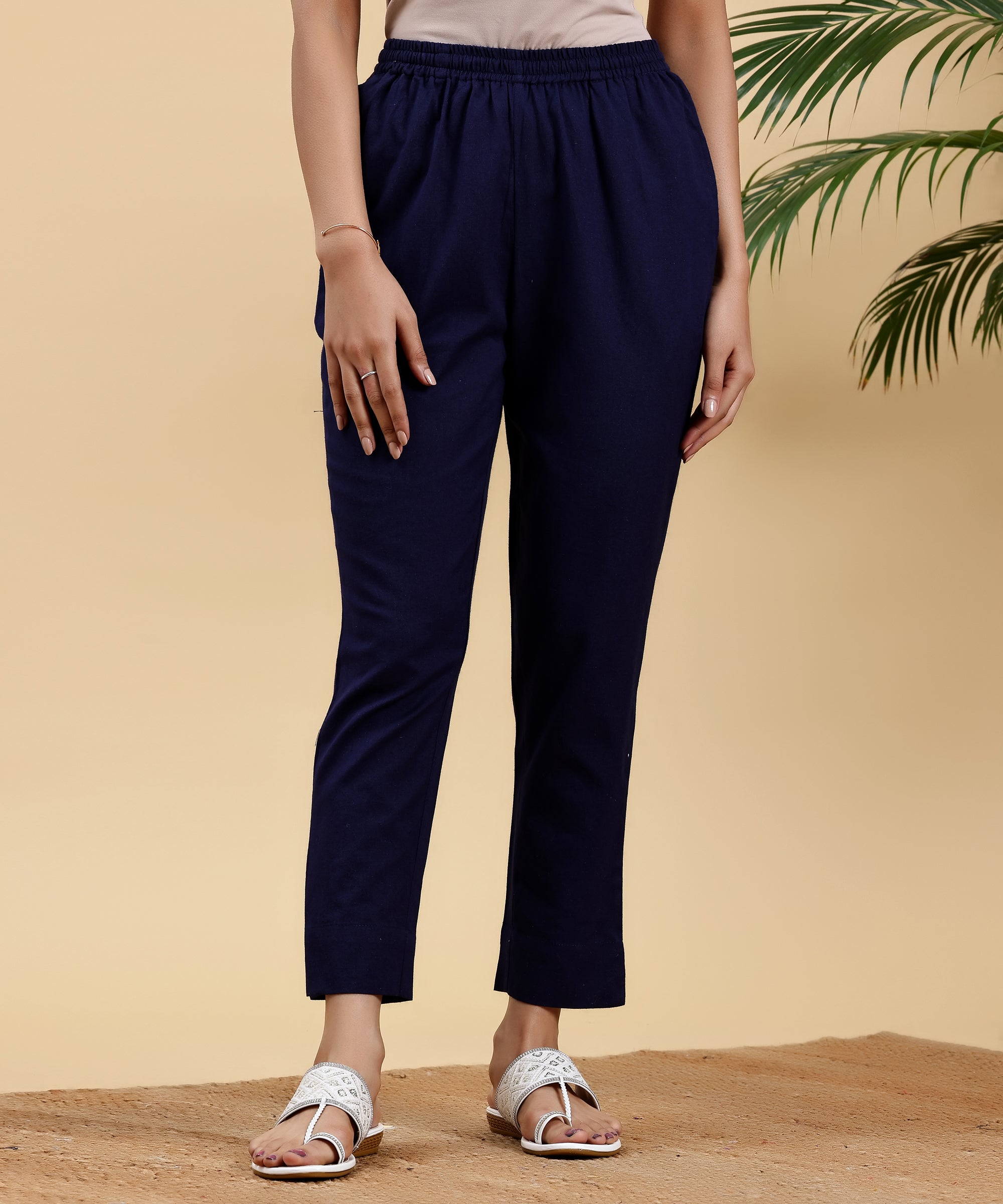 Navy Blue Solid Cotton Straight Fit Trousers