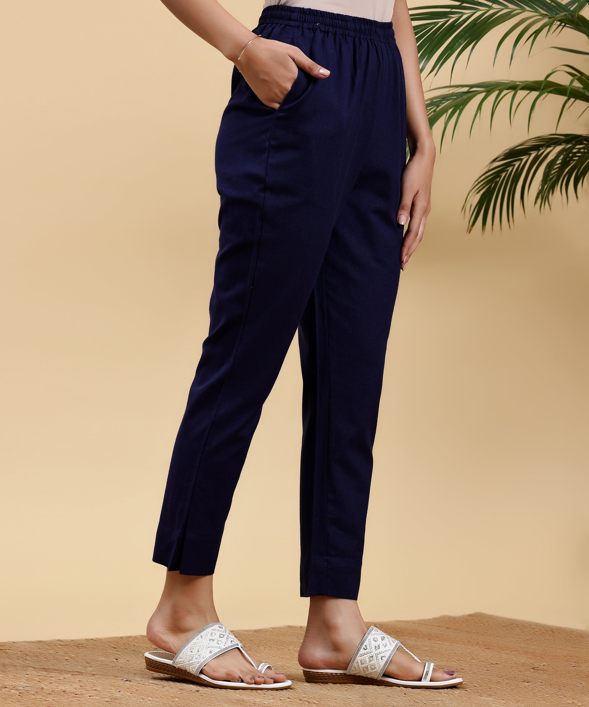 Navy Blue Solid Cotton Straight Fit Trousers