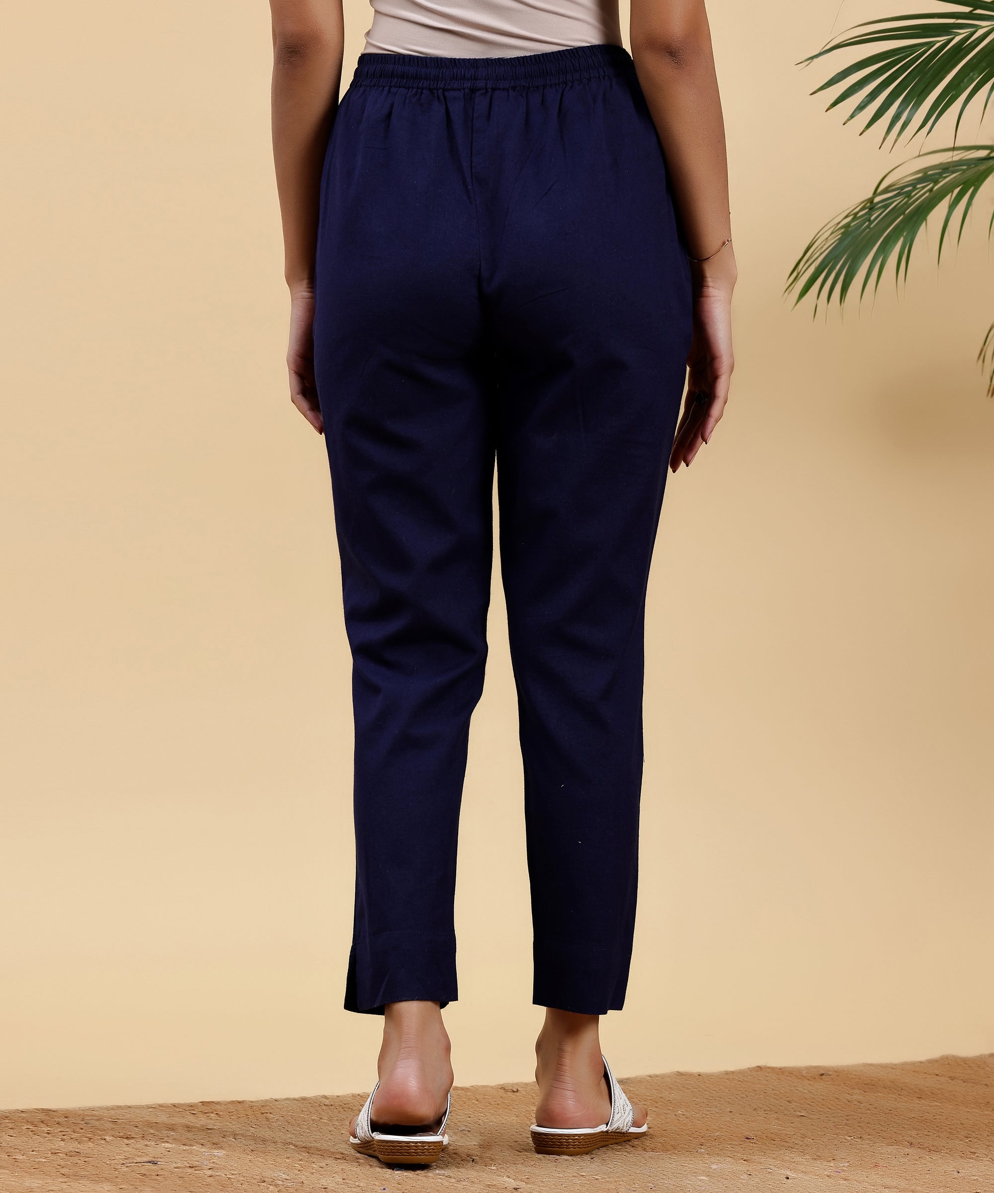 Navy Blue Solid Cotton Straight Fit Trousers