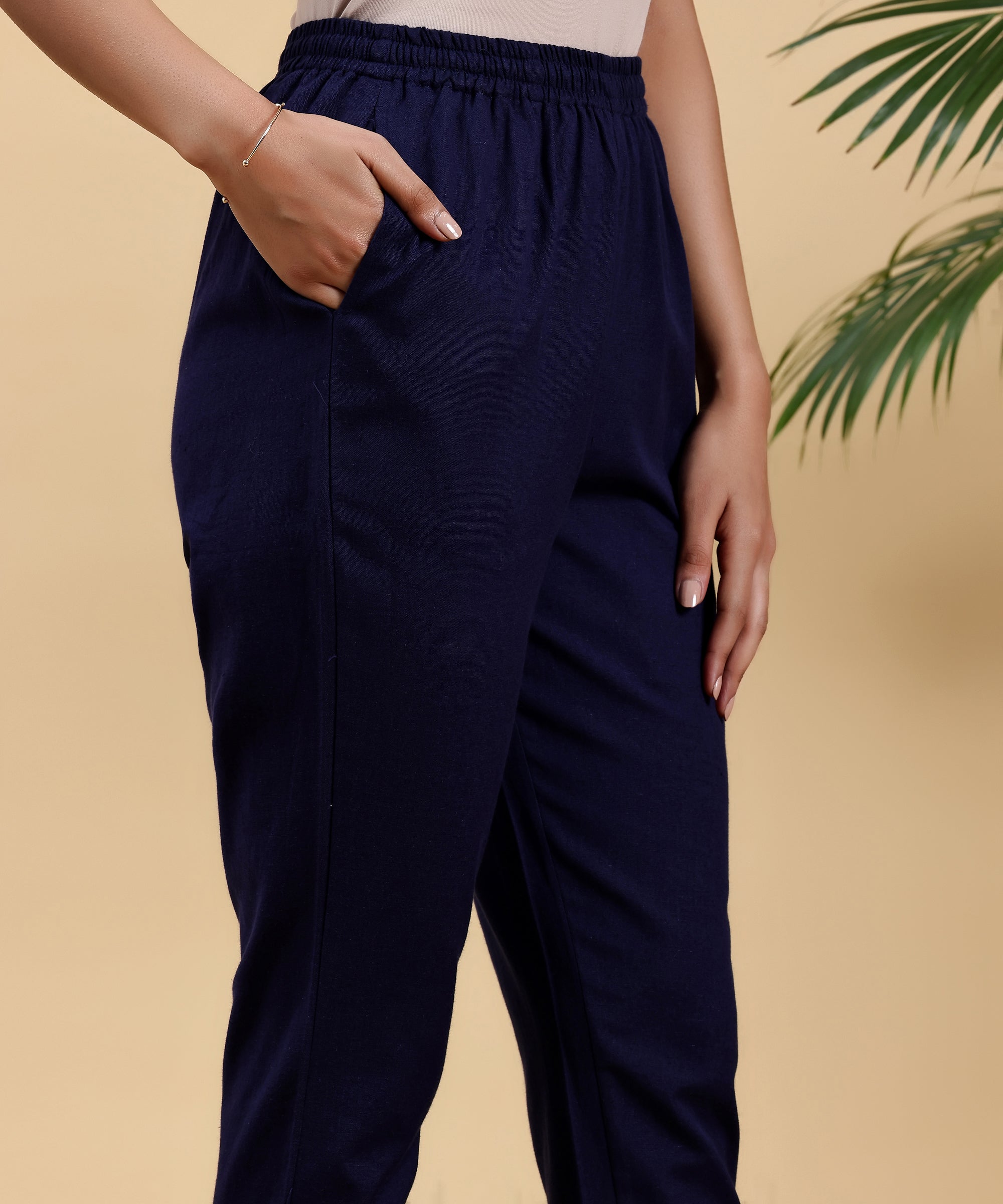 Navy Blue Solid Cotton Straight Fit Trousers