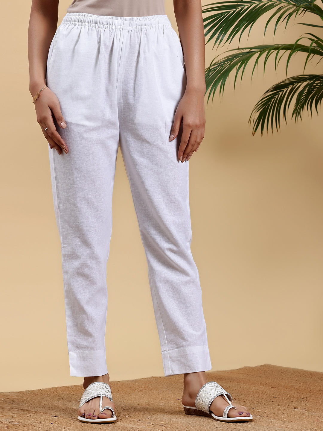 White Solid Cotton Straight Fit Trousers