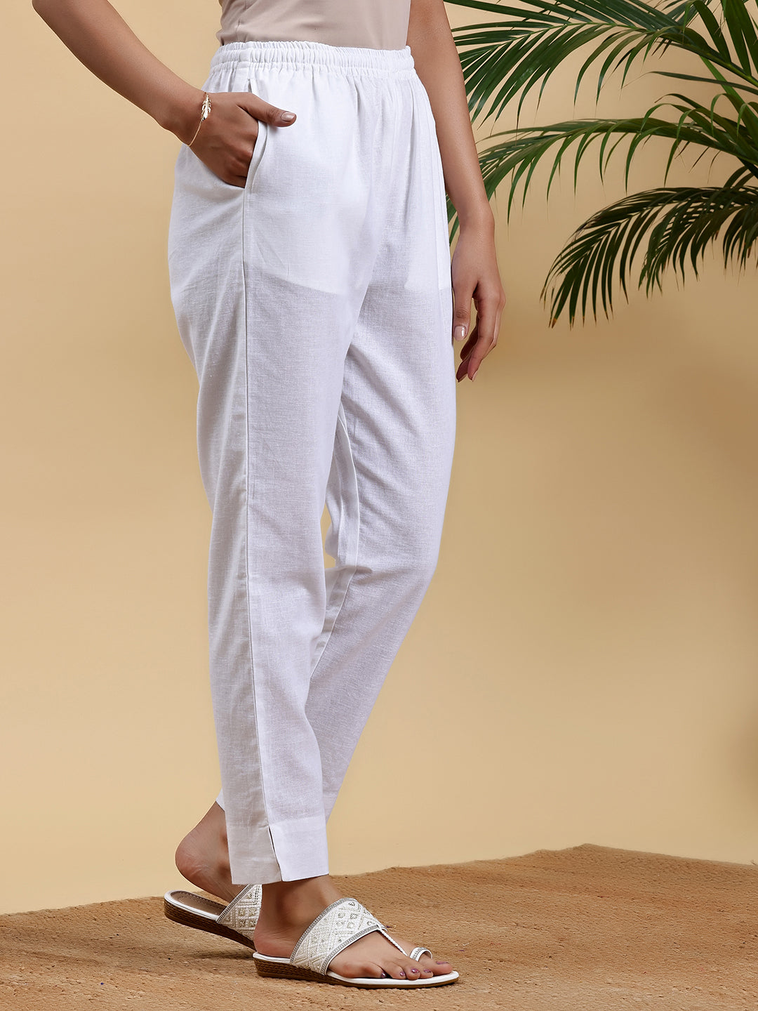 White Solid Cotton Straight Fit Trousers