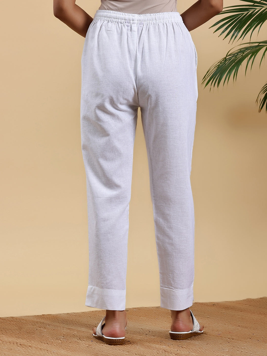 White Solid Cotton Straight Fit Trousers