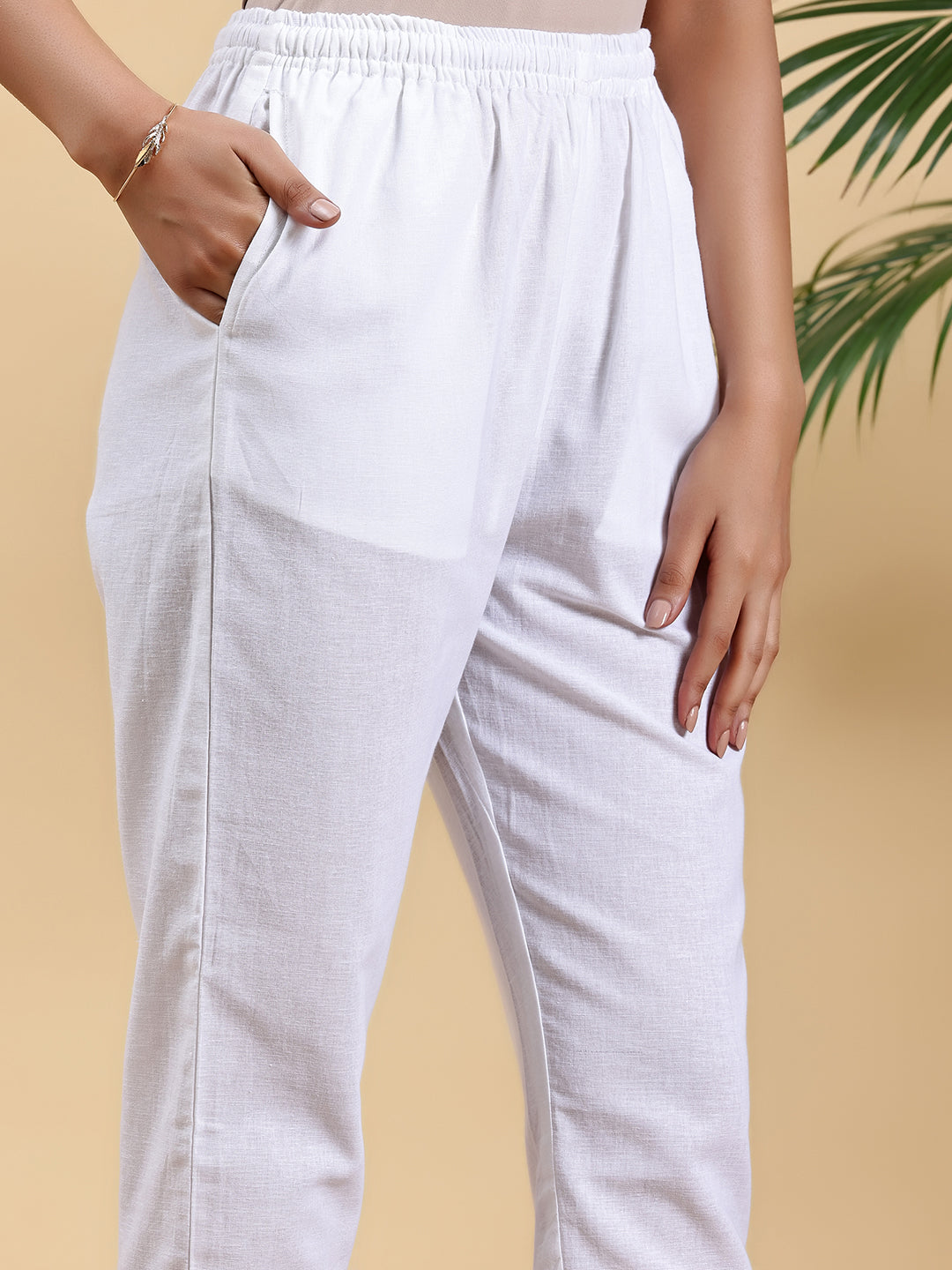 White Solid Cotton Straight Fit Trousers