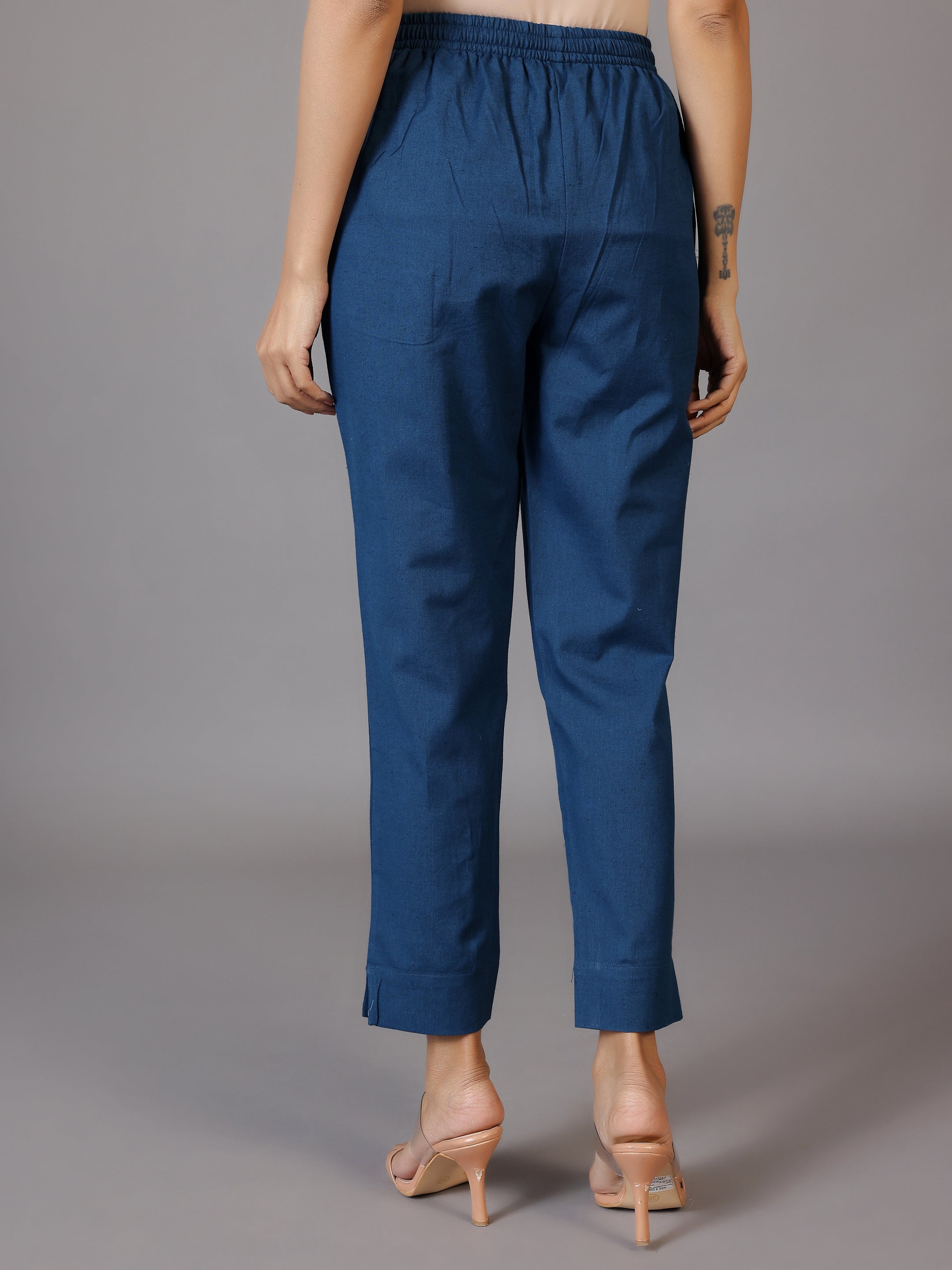 Teal Solid Cotton Straight Fit Trousers