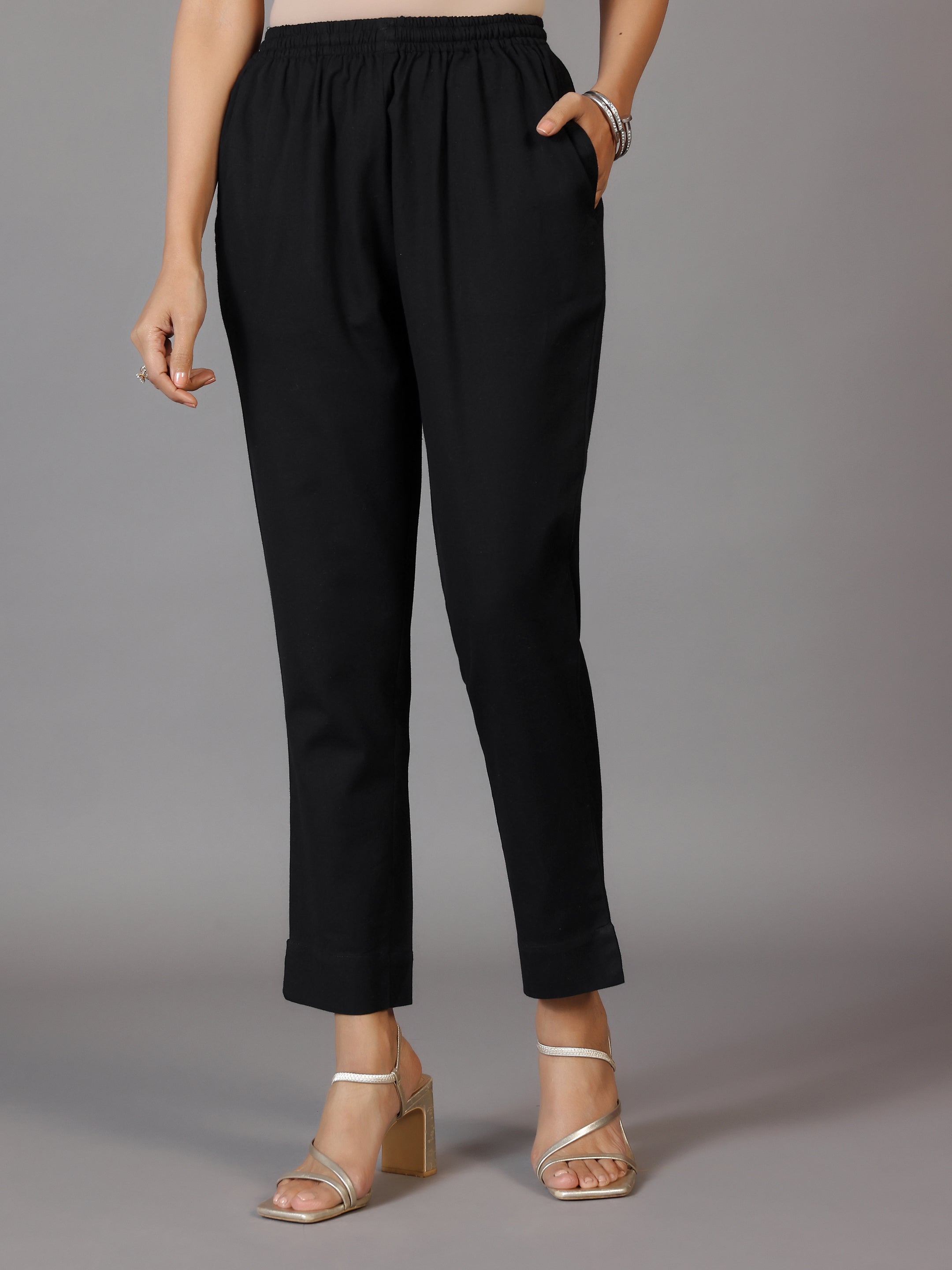 Black Solid Cotton Straight Fit Trousers