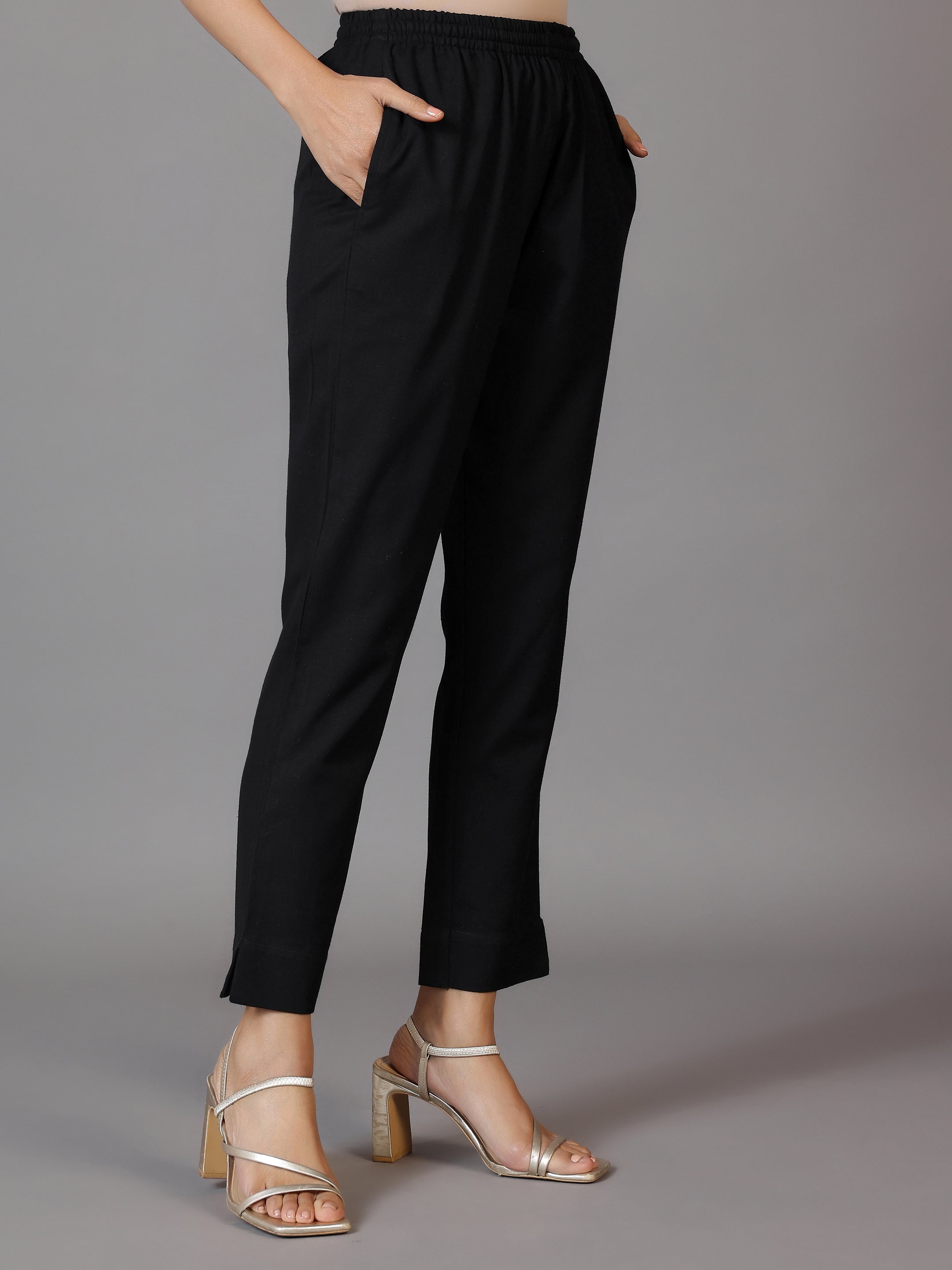 Black Solid Cotton Straight Fit Trousers