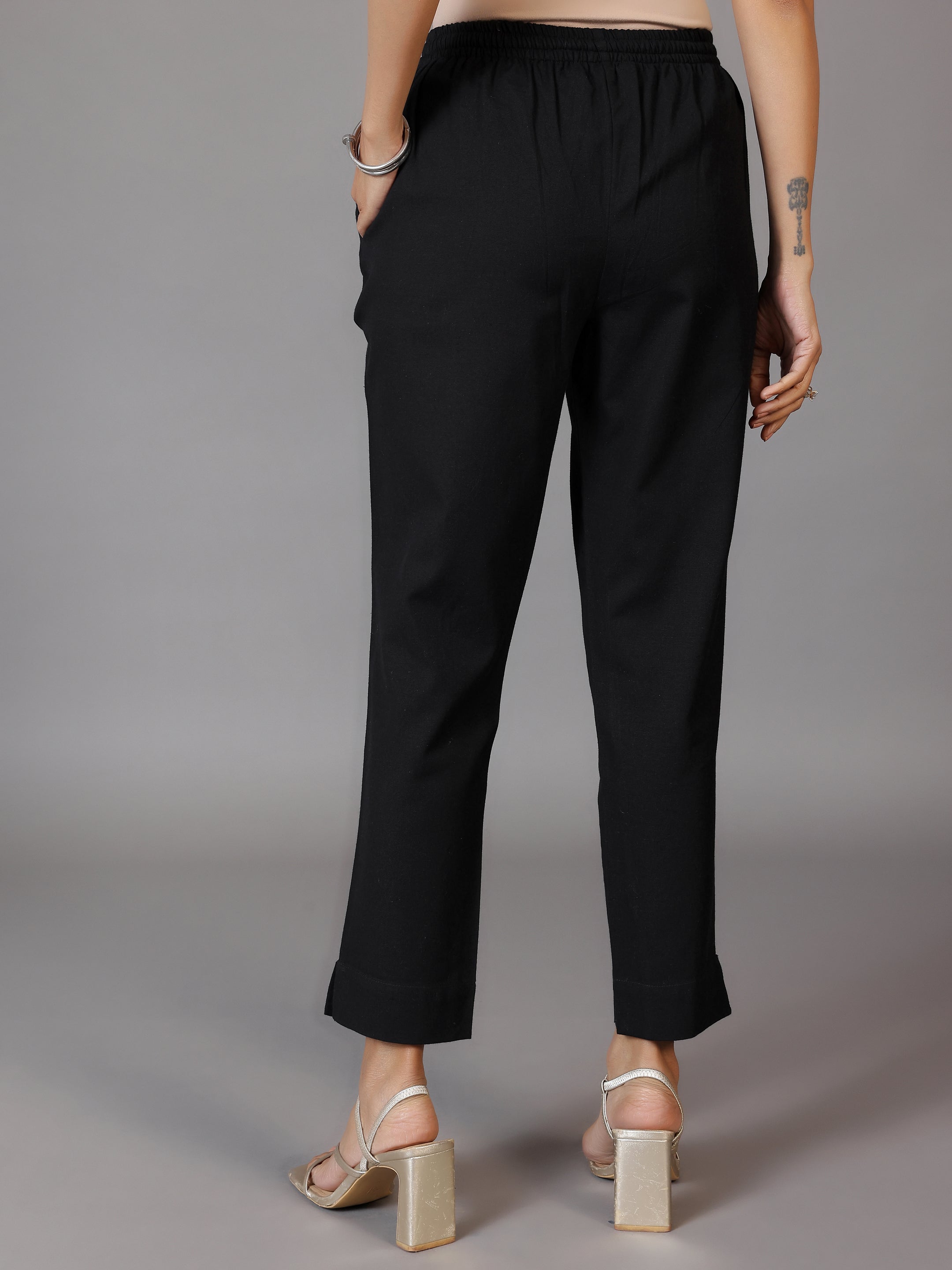 Black Solid Cotton Straight Fit Trousers