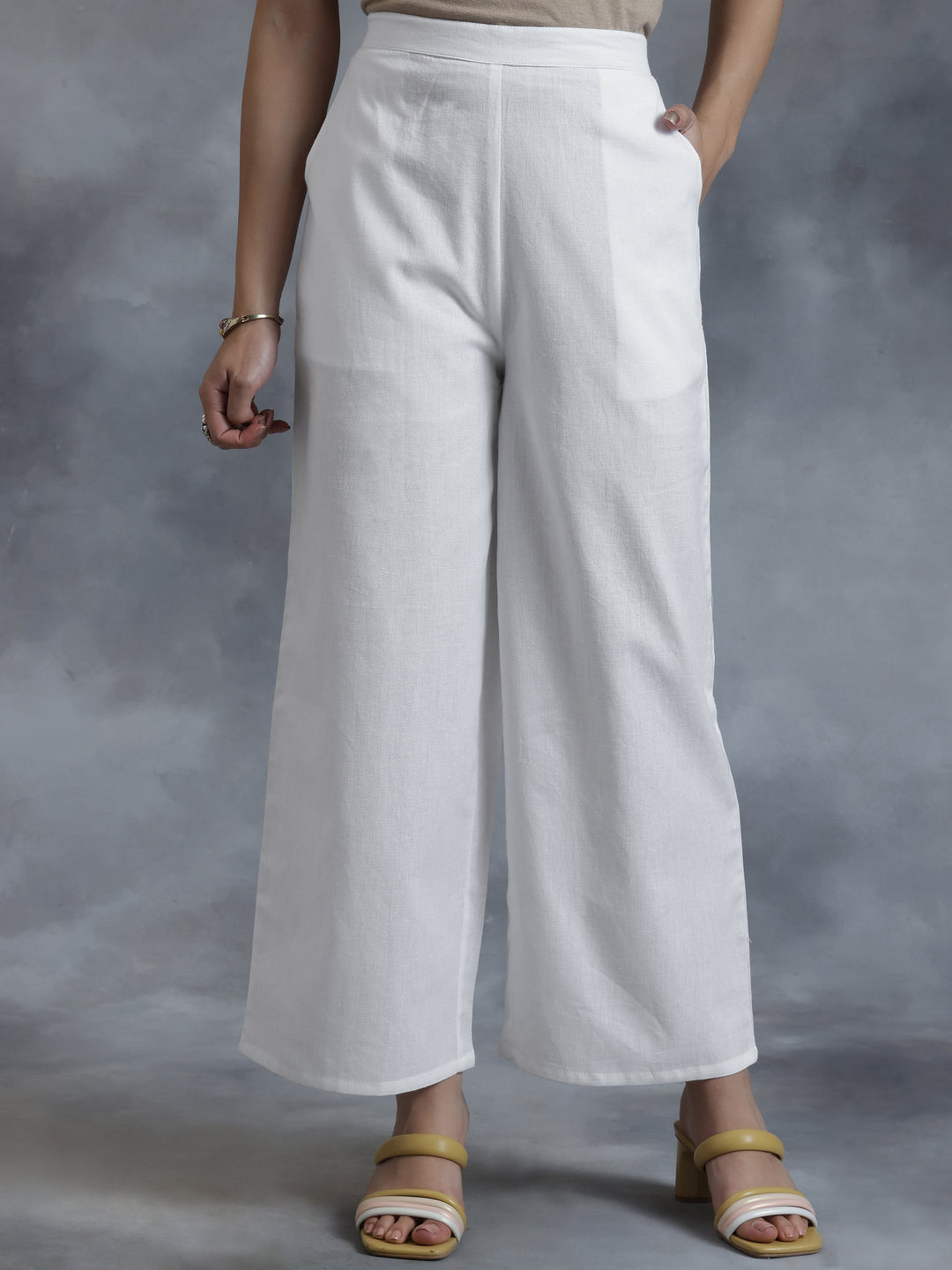 White Solid Straight Fit Palazzos